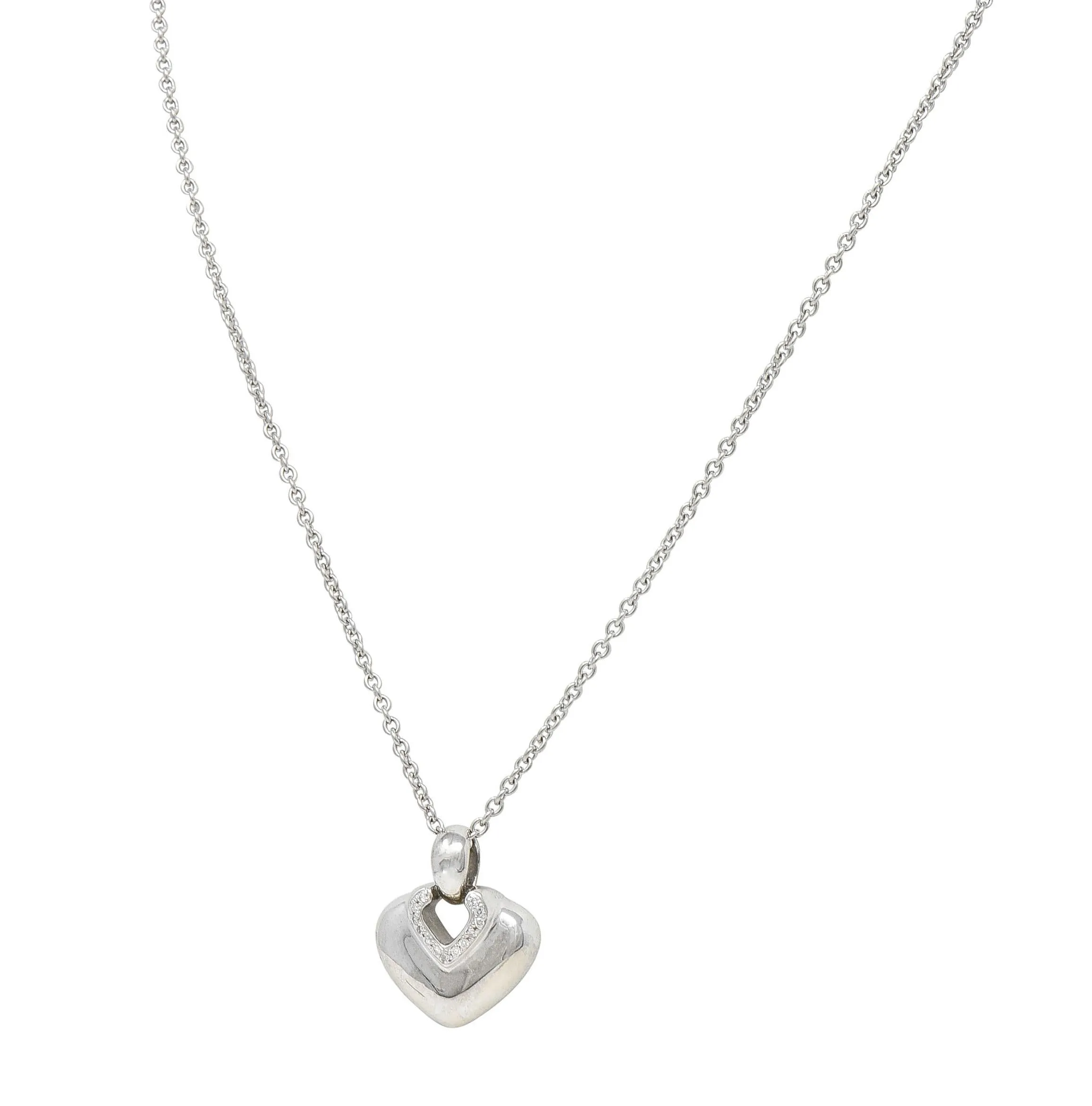 Bulgari 1990's Diamond 18 Karat White Gold Doppio Cuore Heart Vintage Pendant Necklace