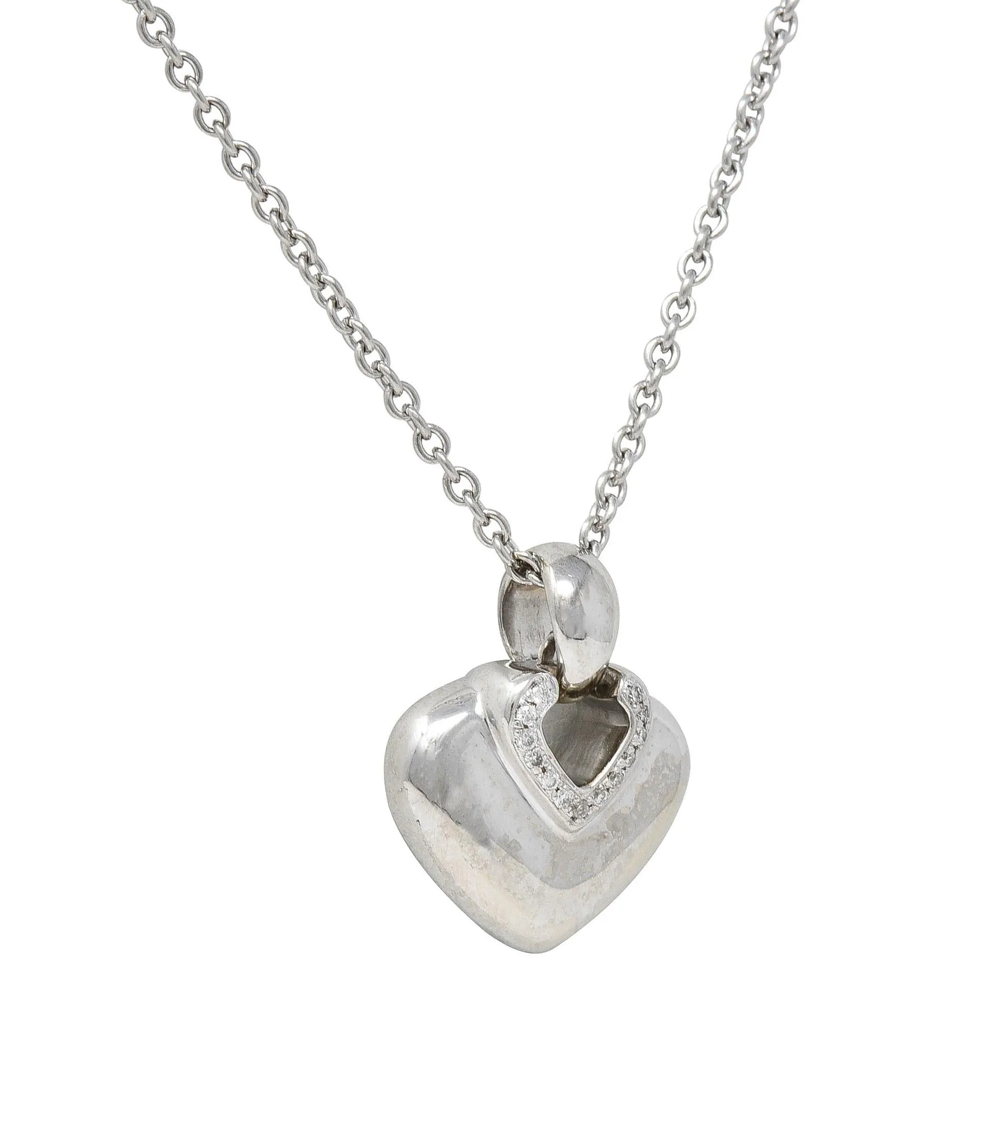 Bulgari 1990's Diamond 18 Karat White Gold Doppio Cuore Heart Vintage Pendant Necklace