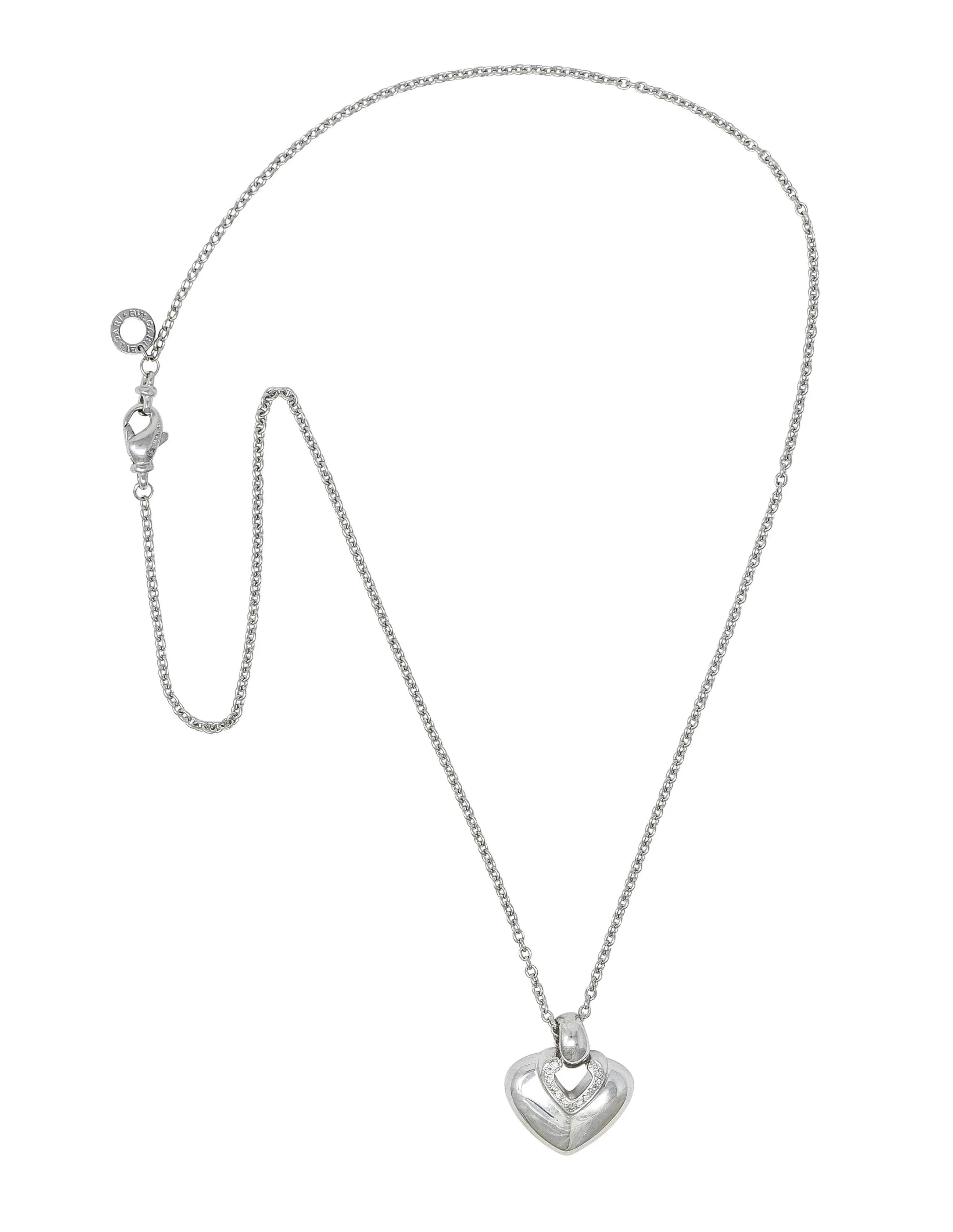 Bulgari 1990's Diamond 18 Karat White Gold Doppio Cuore Heart Vintage Pendant Necklace