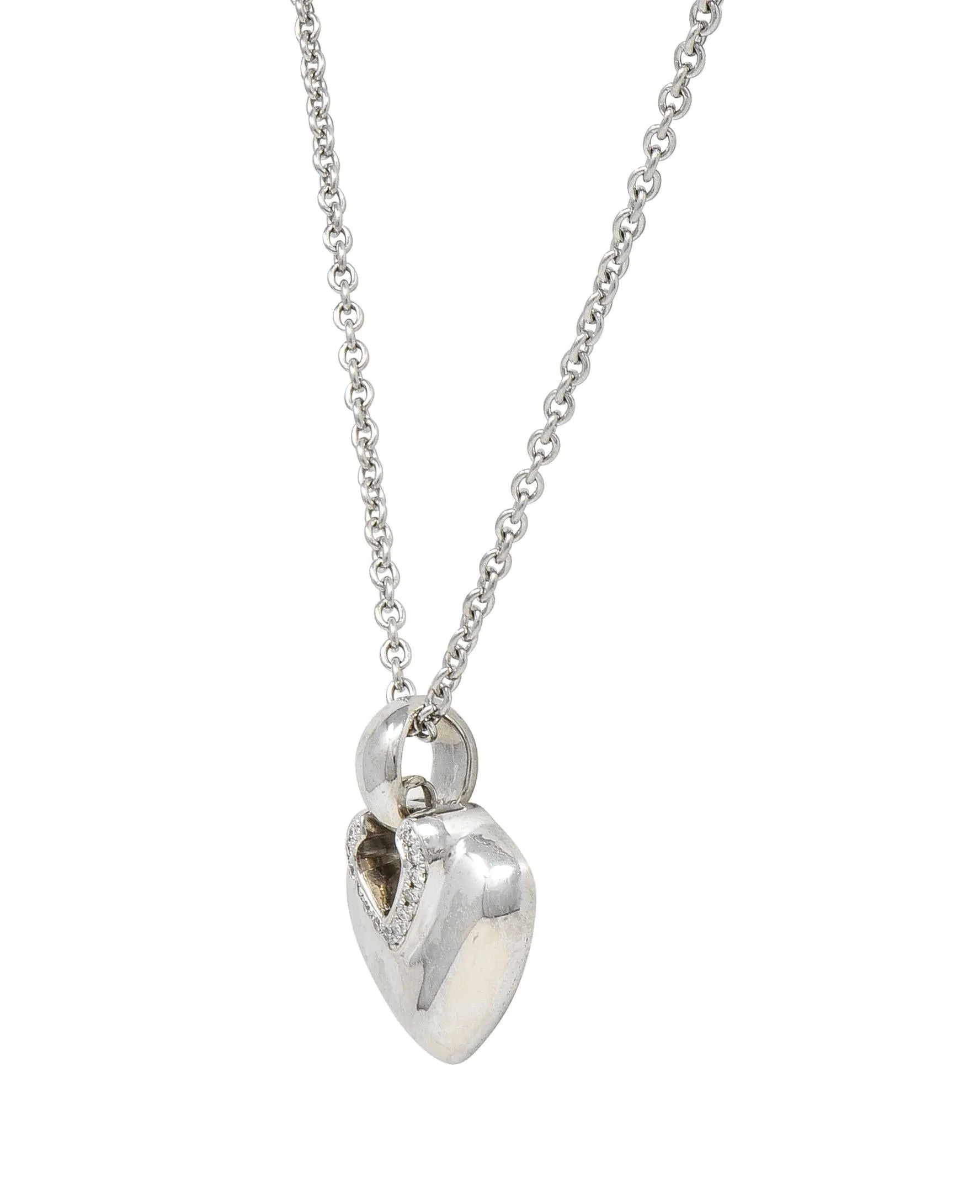 Bulgari 1990's Diamond 18 Karat White Gold Doppio Cuore Heart Vintage Pendant Necklace