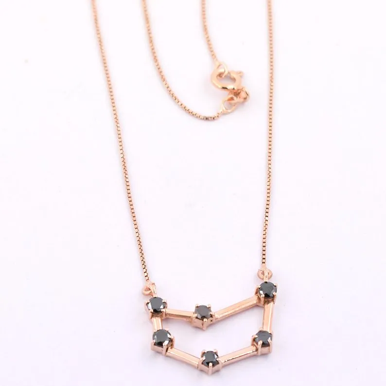 Capricorn Zodiac Sign, Black Diamond Pendant in 925 Silver with Rose Gold Finish. 0.60 Ct Certified