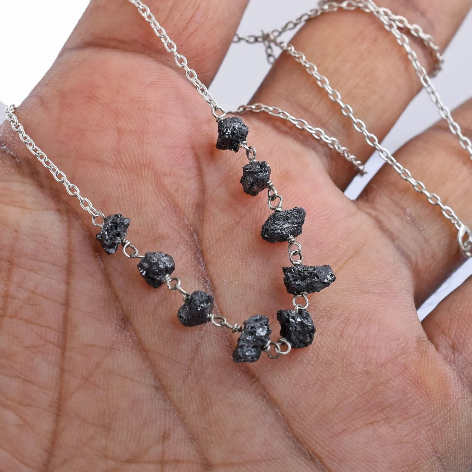 Certified 5-6 mm Rough Beaded Black Diamond Chain Necklace 925 Sterling Silver Unique Design!