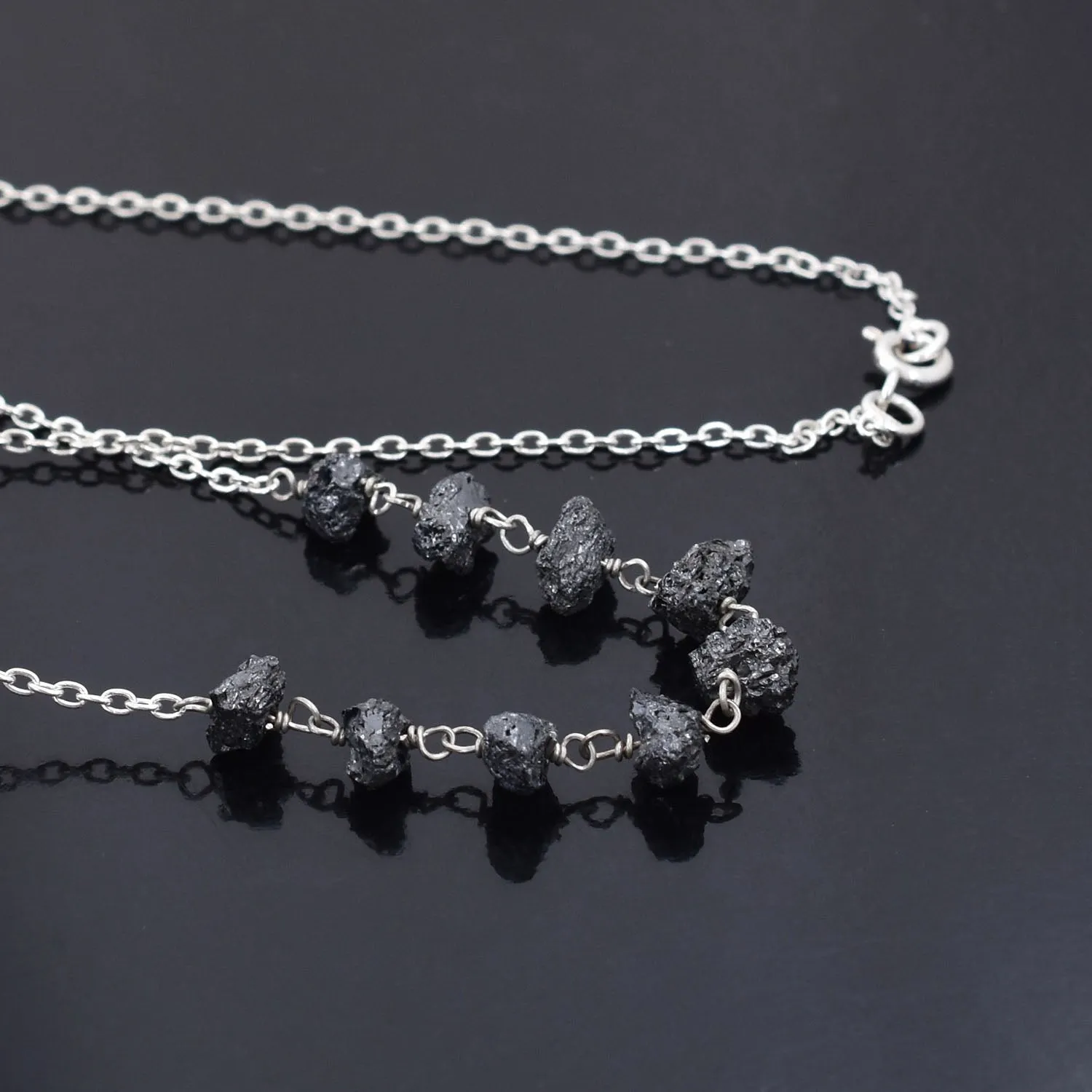 Certified 5-6 mm Rough Beaded Black Diamond Chain Necklace 925 Sterling Silver Unique Design!