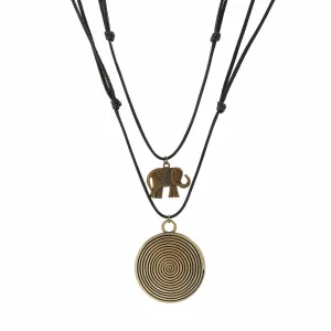 Chic Layered Round Spiral Elephant Butterfly Pendant Wax Cord String Necklace Set