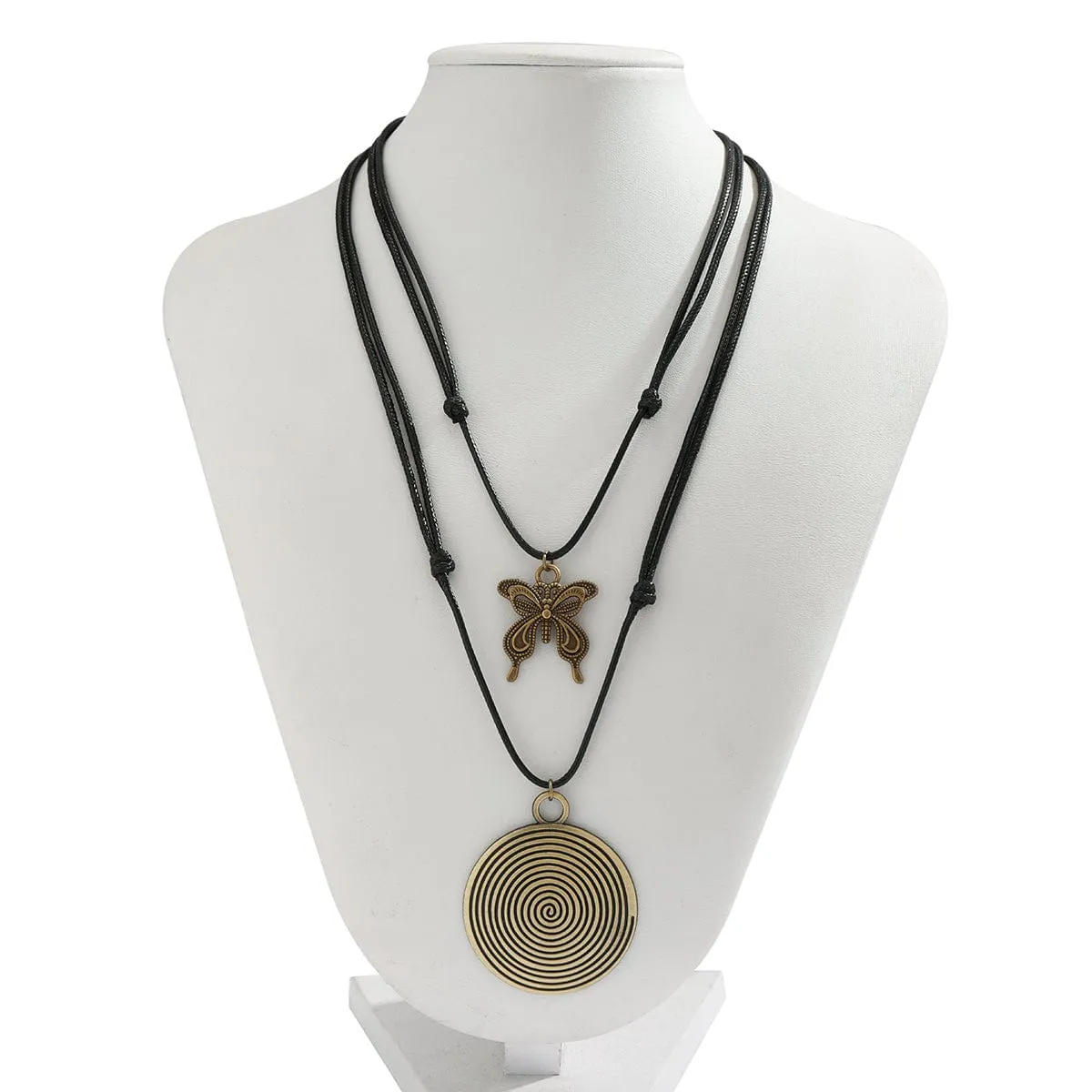 Chic Layered Round Spiral Elephant Butterfly Pendant Wax Cord String Necklace Set