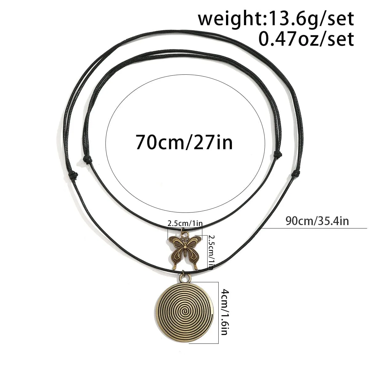 Chic Layered Round Spiral Elephant Butterfly Pendant Wax Cord String Necklace Set