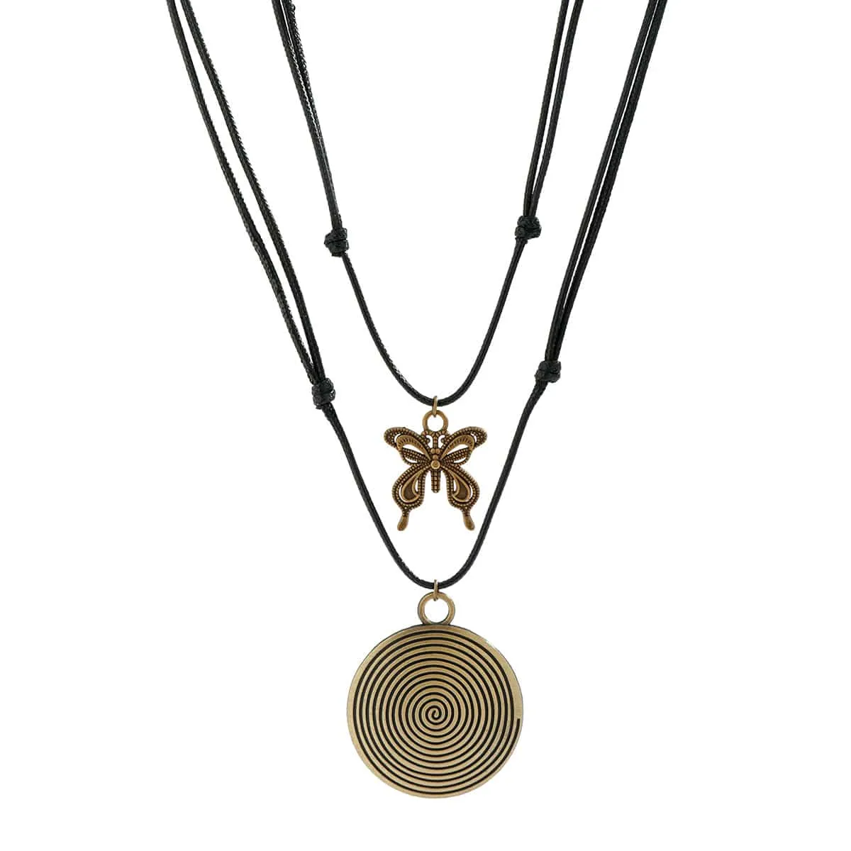 Chic Layered Round Spiral Elephant Butterfly Pendant Wax Cord String Necklace Set
