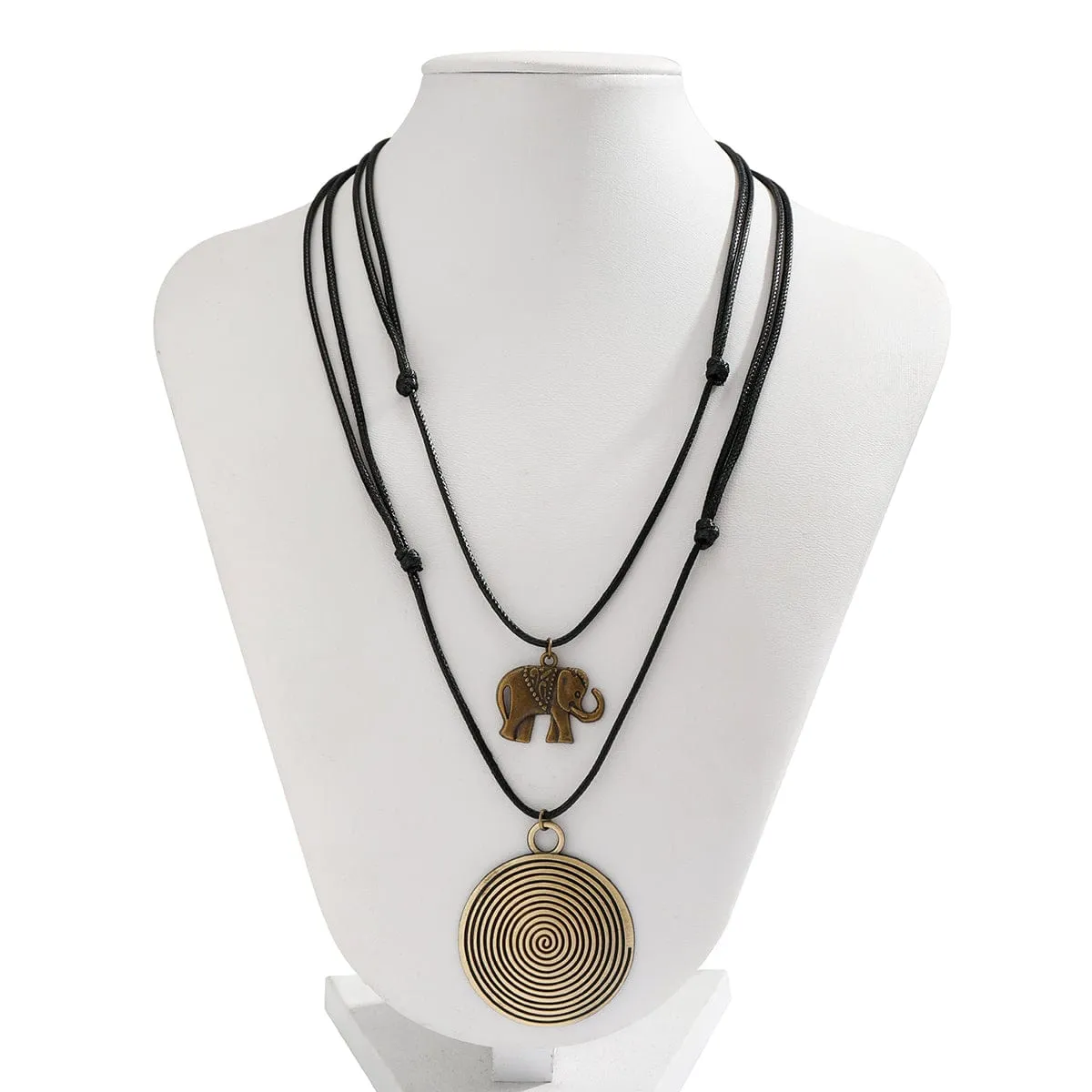 Chic Layered Round Spiral Elephant Butterfly Pendant Wax Cord String Necklace Set