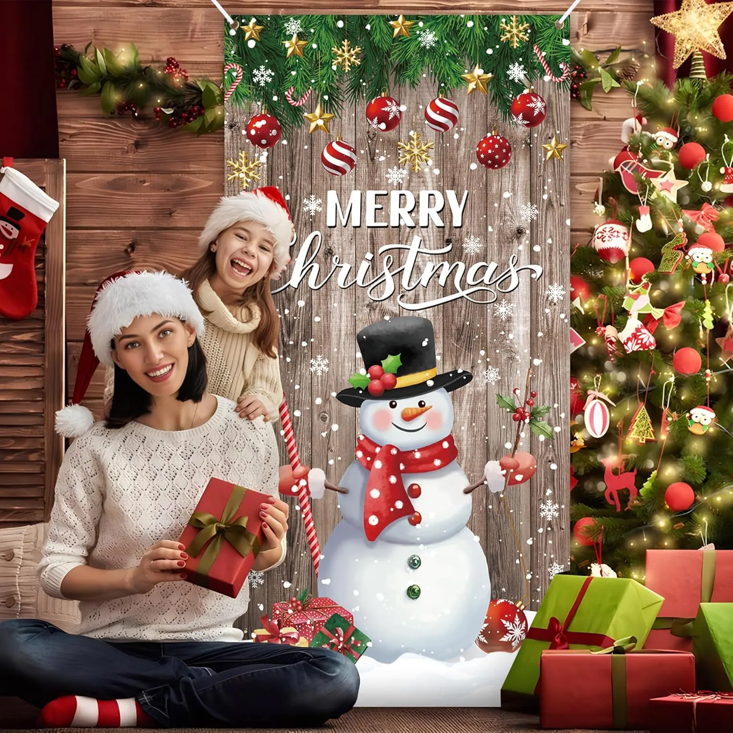 Christmas Front Door Cover Snowman Door Cover Banner Merry Christmas Door Han...