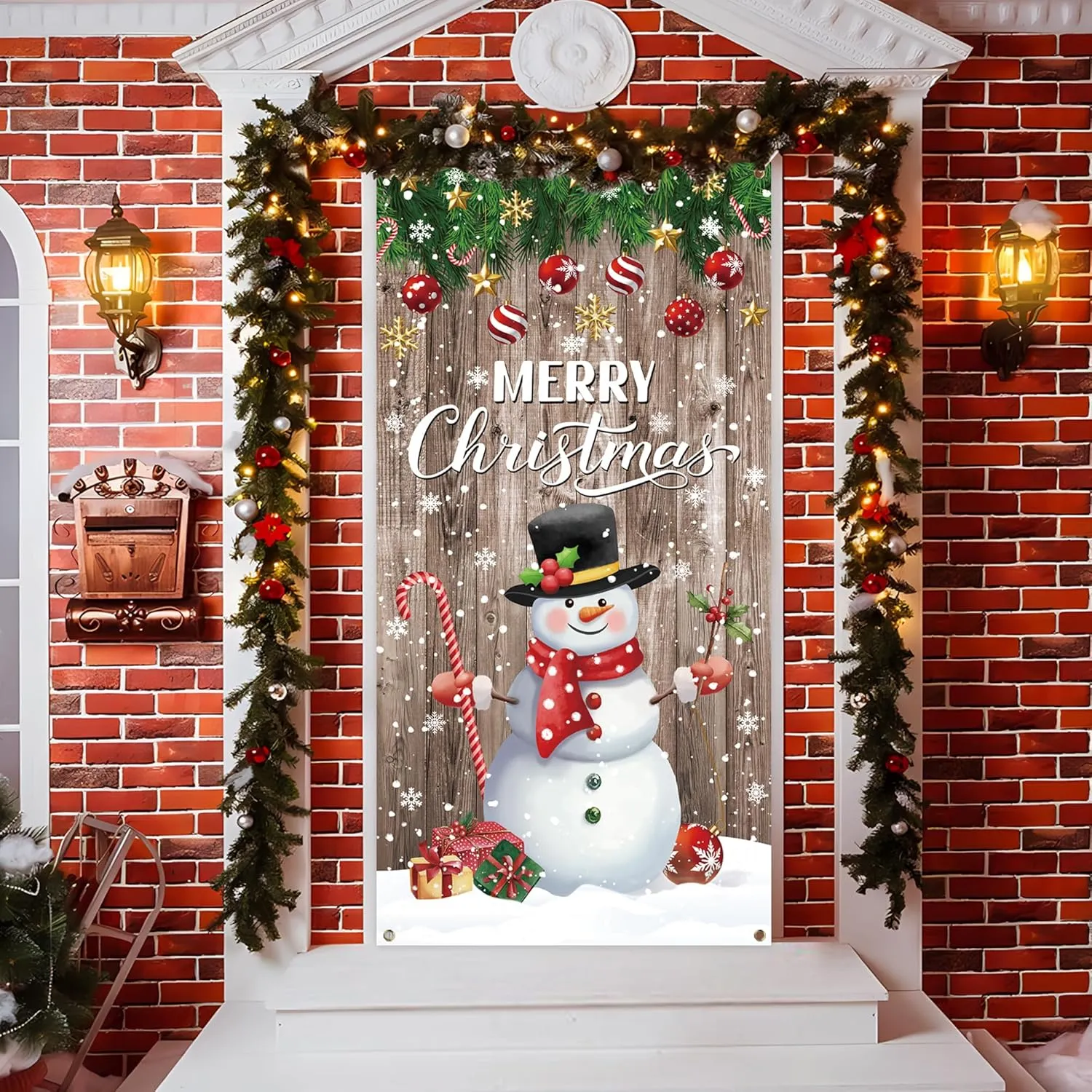 Christmas Front Door Cover Snowman Door Cover Banner Merry Christmas Door Han...