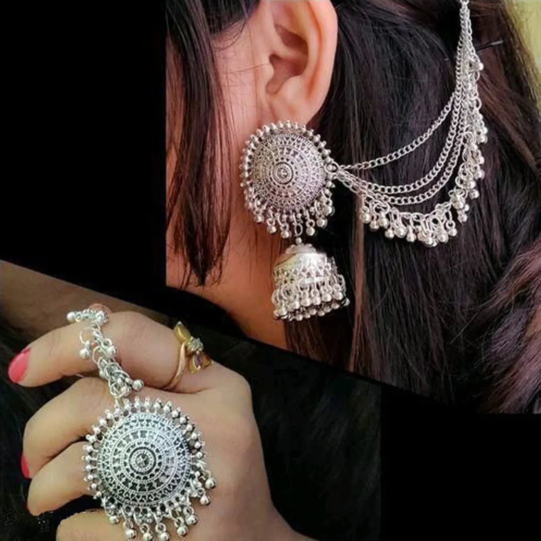 Combo of Hanging Bracelet and Bahubali Earrings With Maang Tikka