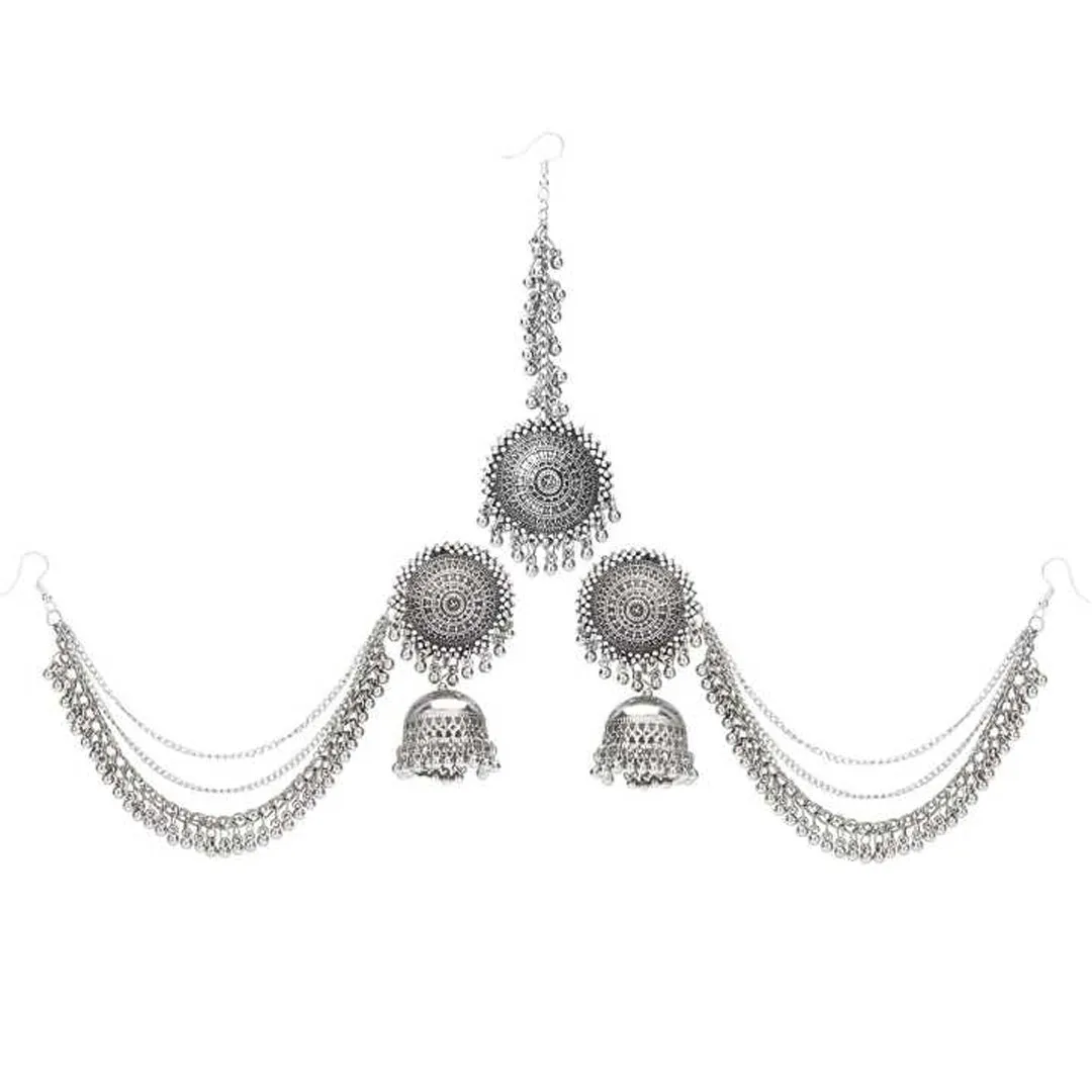 Combo of Hanging Bracelet and Bahubali Earrings With Maang Tikka