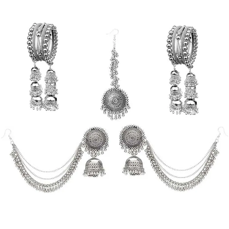 Combo of Hanging Bracelet and Bahubali Earrings With Maang Tikka