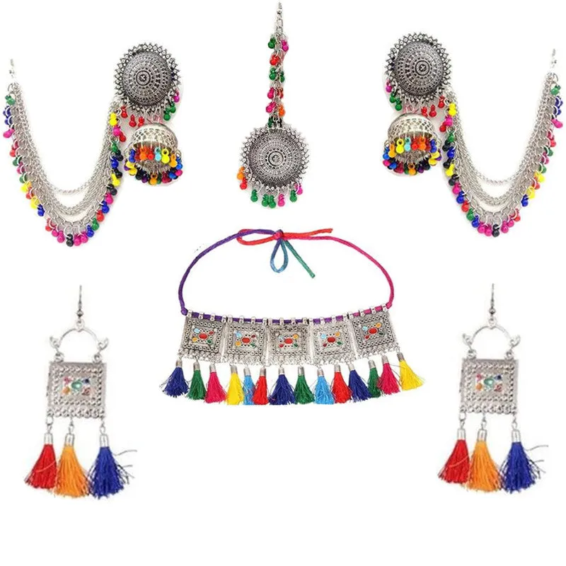 Combo of Multicolor Jewelry set Bahubali Earrings With Maang Tikka