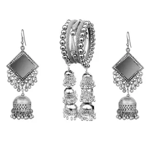 Combo of Silver Mirror Earrings and Hanging Bangle Bracelet