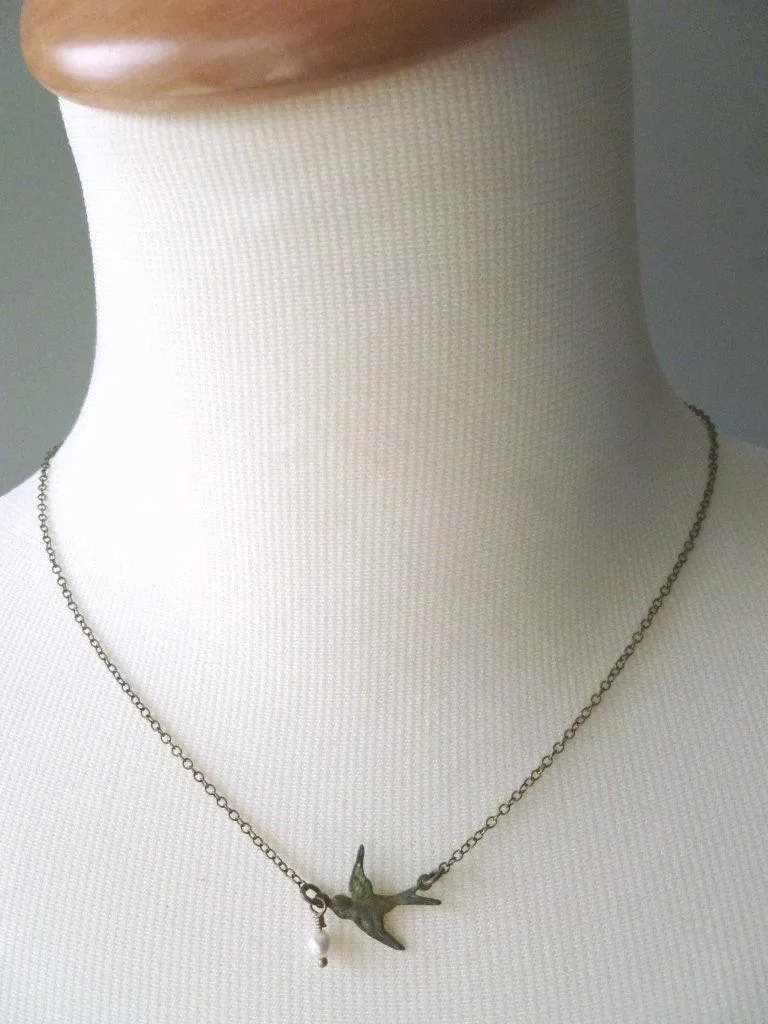 Copper Bird Necklace, sparrow necklace, flying bird pendant, tiny pearl charm, delicate copper chain, antique copper necklace, aged copper