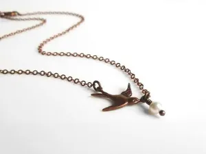 Copper Bird Necklace, sparrow necklace, flying bird pendant, tiny pearl charm, delicate copper chain, antique copper necklace, aged copper
