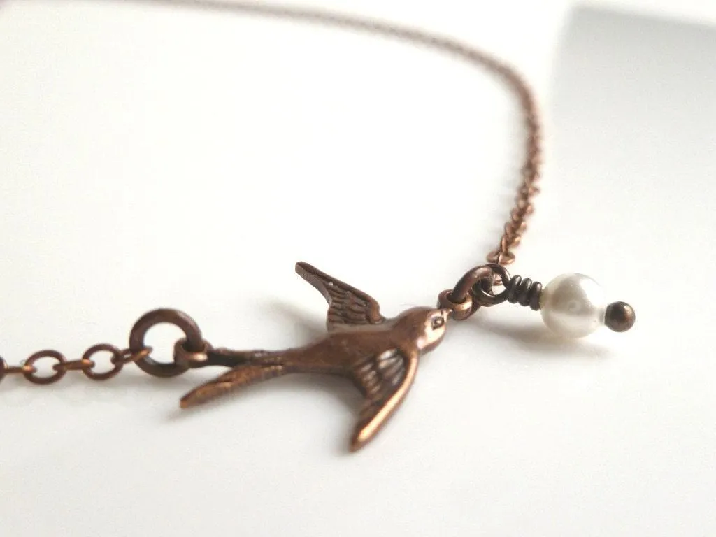 Copper Bird Necklace, sparrow necklace, flying bird pendant, tiny pearl charm, delicate copper chain, antique copper necklace, aged copper