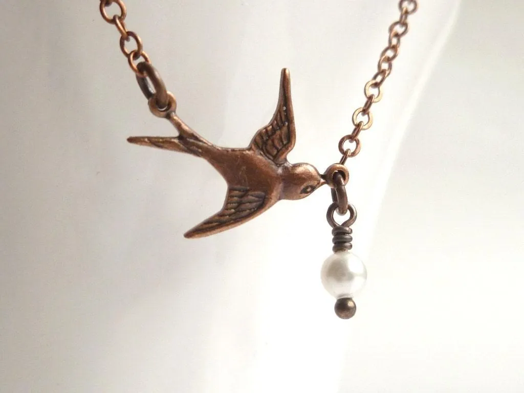 Copper Bird Necklace, sparrow necklace, flying bird pendant, tiny pearl charm, delicate copper chain, antique copper necklace, aged copper