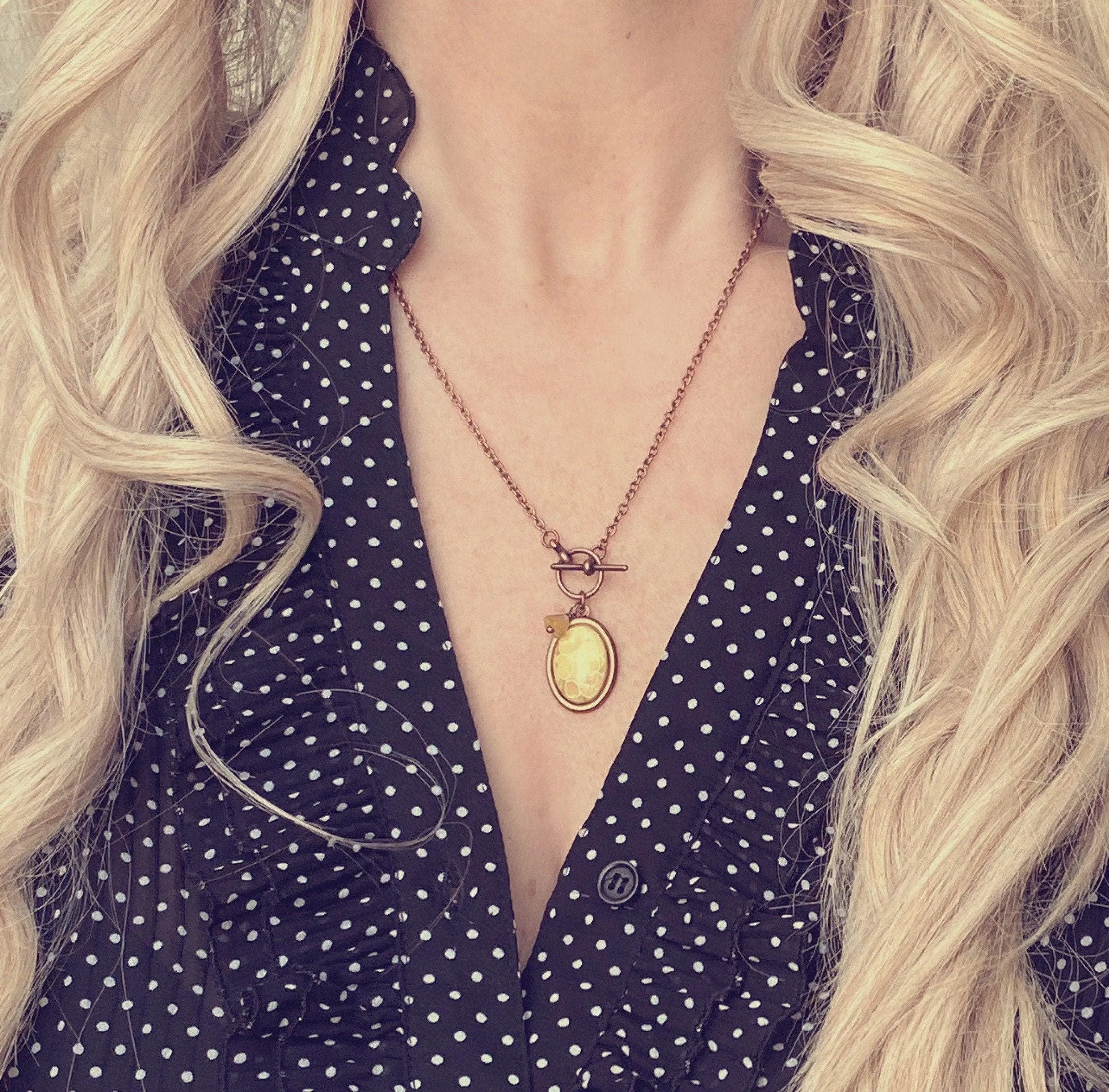 Copper Necklace - front clasp necklace, cameo necklace, toggle clasp necklace, copper pendant, floral cameo necklace, copper flower, antique
