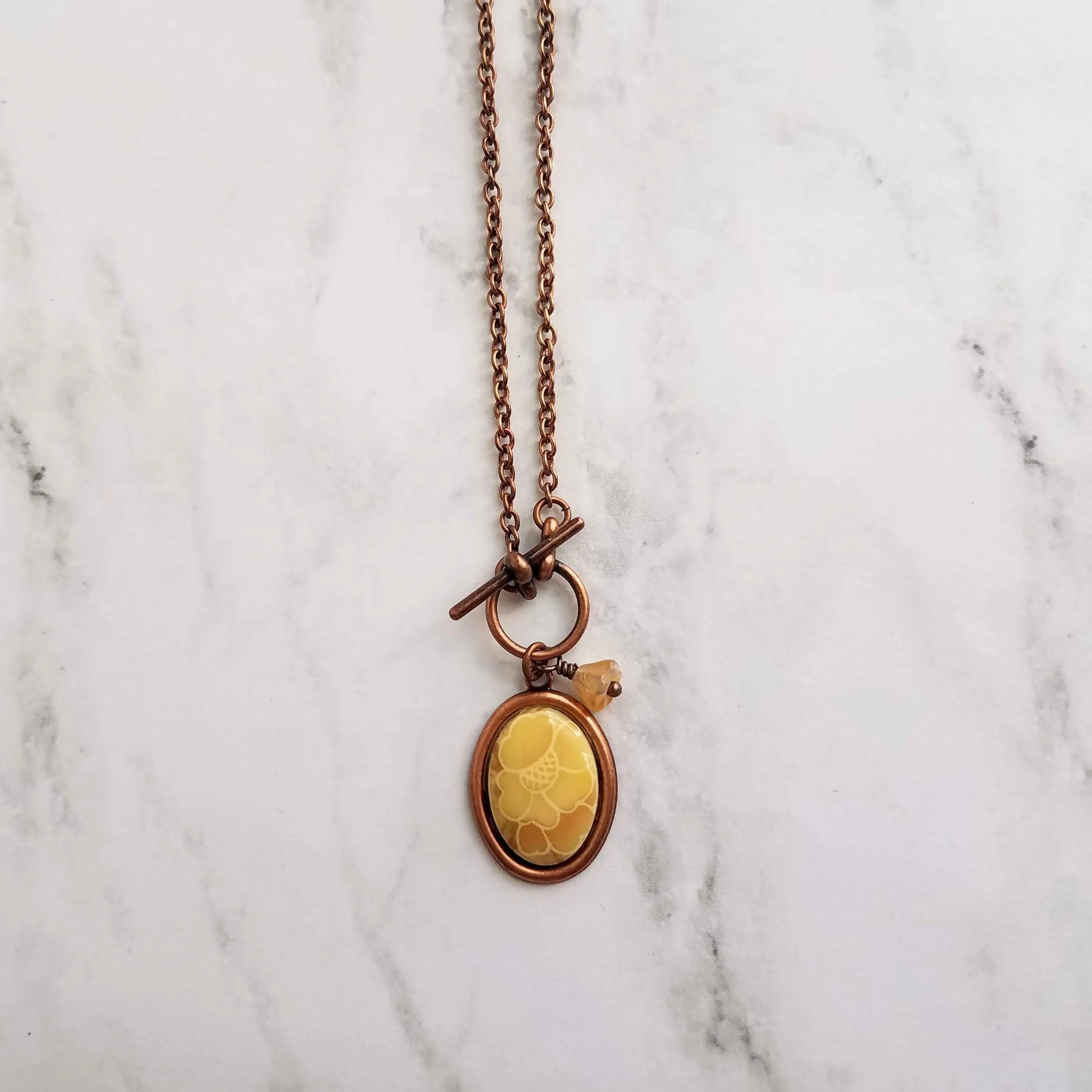 Copper Necklace - front clasp necklace, cameo necklace, toggle clasp necklace, copper pendant, floral cameo necklace, copper flower, antique
