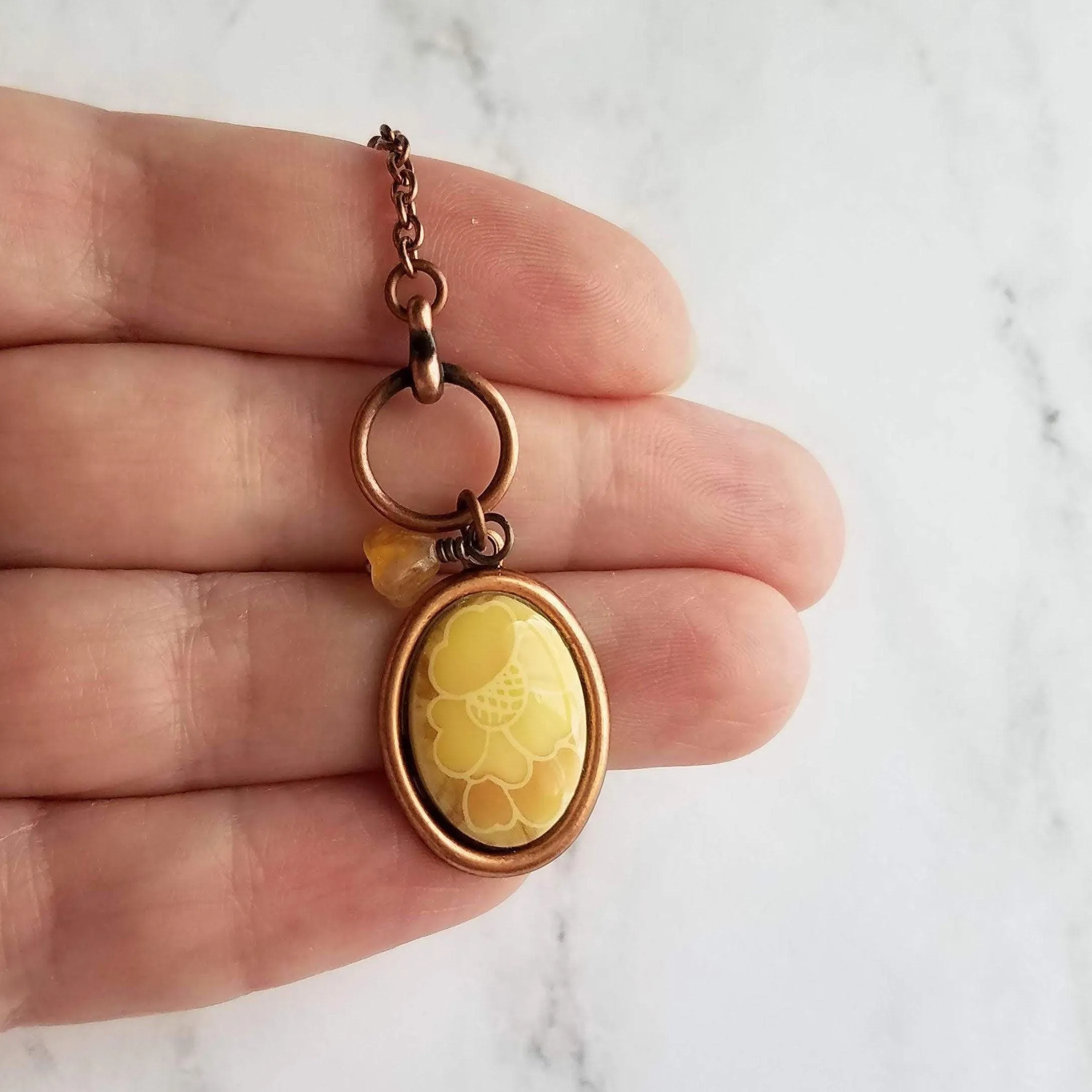 Copper Necklace - front clasp necklace, cameo necklace, toggle clasp necklace, copper pendant, floral cameo necklace, copper flower, antique