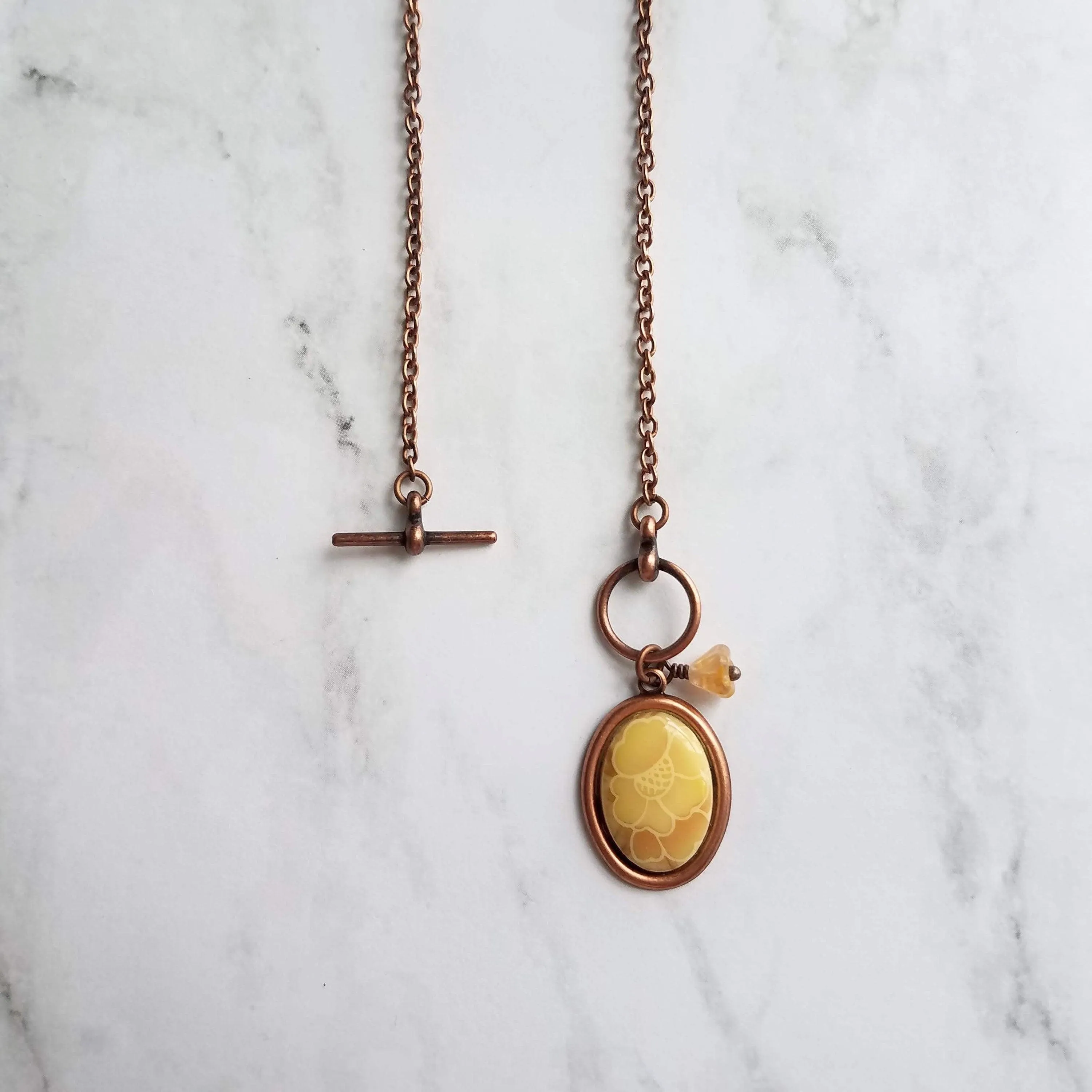 Copper Necklace - front clasp necklace, cameo necklace, toggle clasp necklace, copper pendant, floral cameo necklace, copper flower, antique
