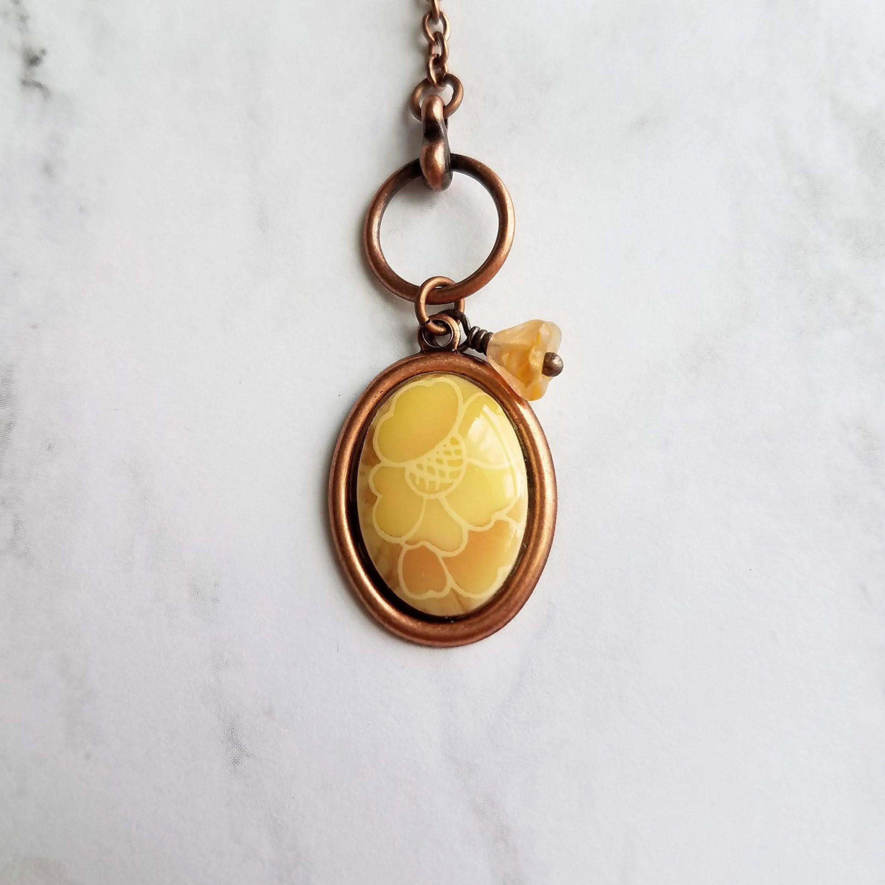 Copper Necklace - front clasp necklace, cameo necklace, toggle clasp necklace, copper pendant, floral cameo necklace, copper flower, antique