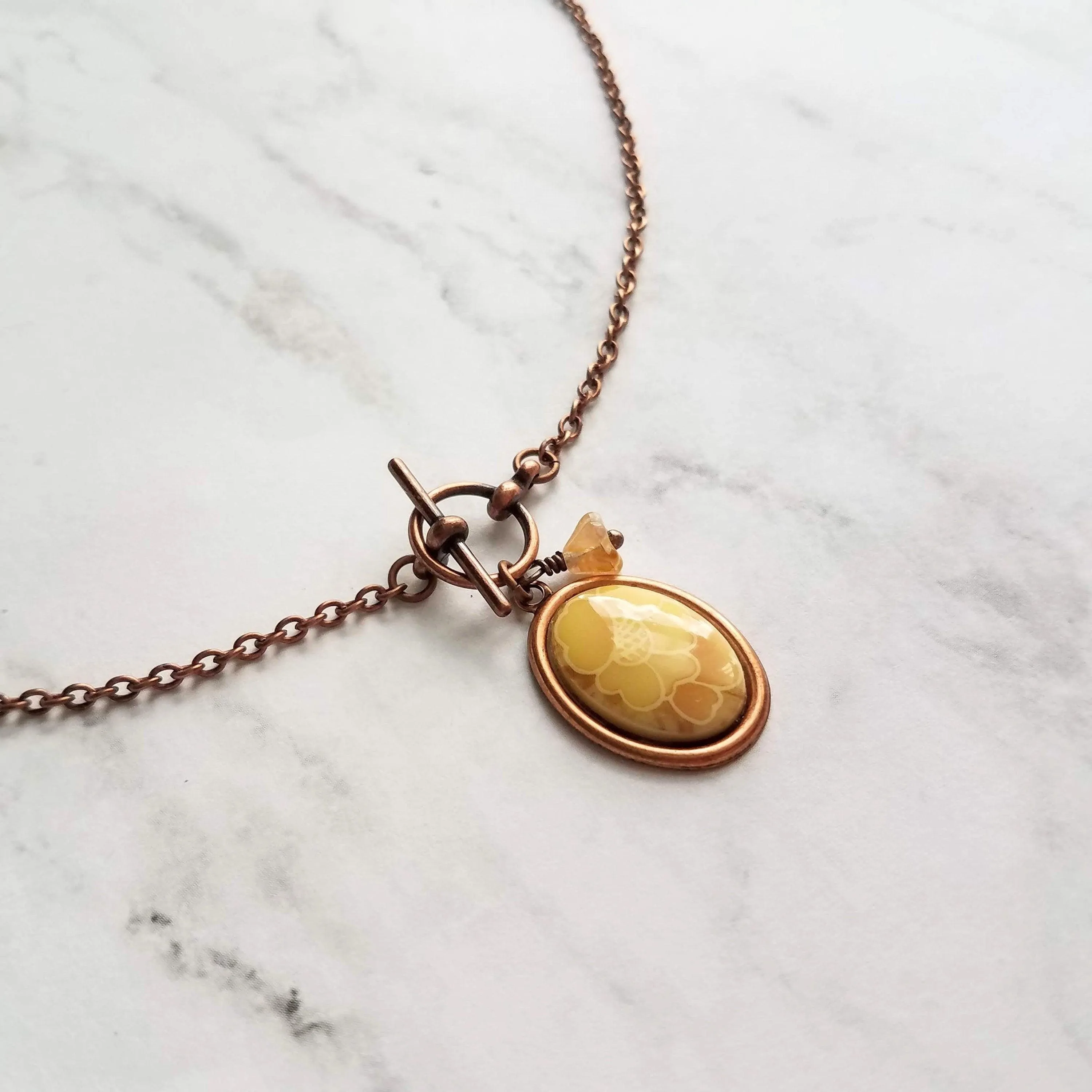 Copper Necklace - front clasp necklace, cameo necklace, toggle clasp necklace, copper pendant, floral cameo necklace, copper flower, antique