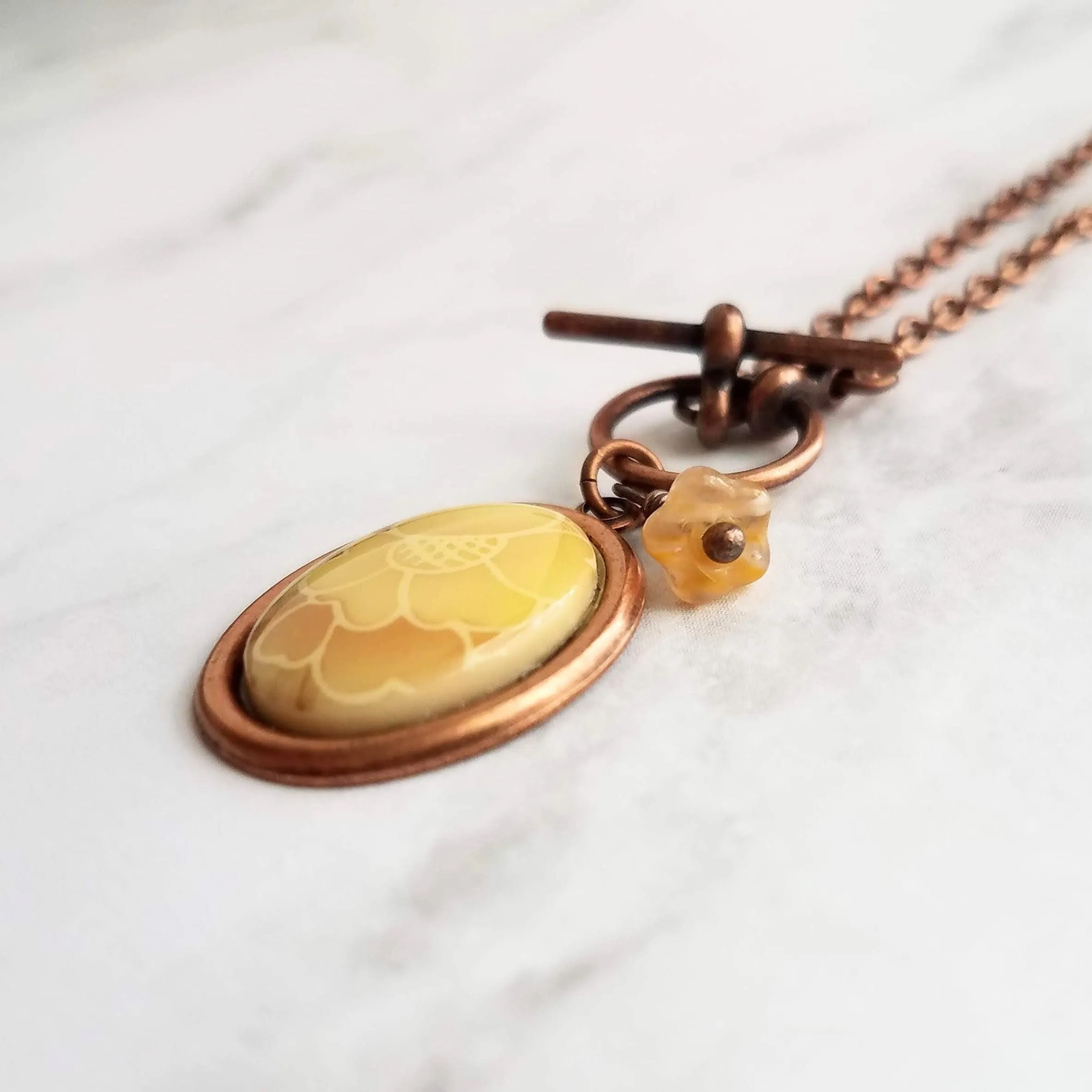Copper Necklace - front clasp necklace, cameo necklace, toggle clasp necklace, copper pendant, floral cameo necklace, copper flower, antique