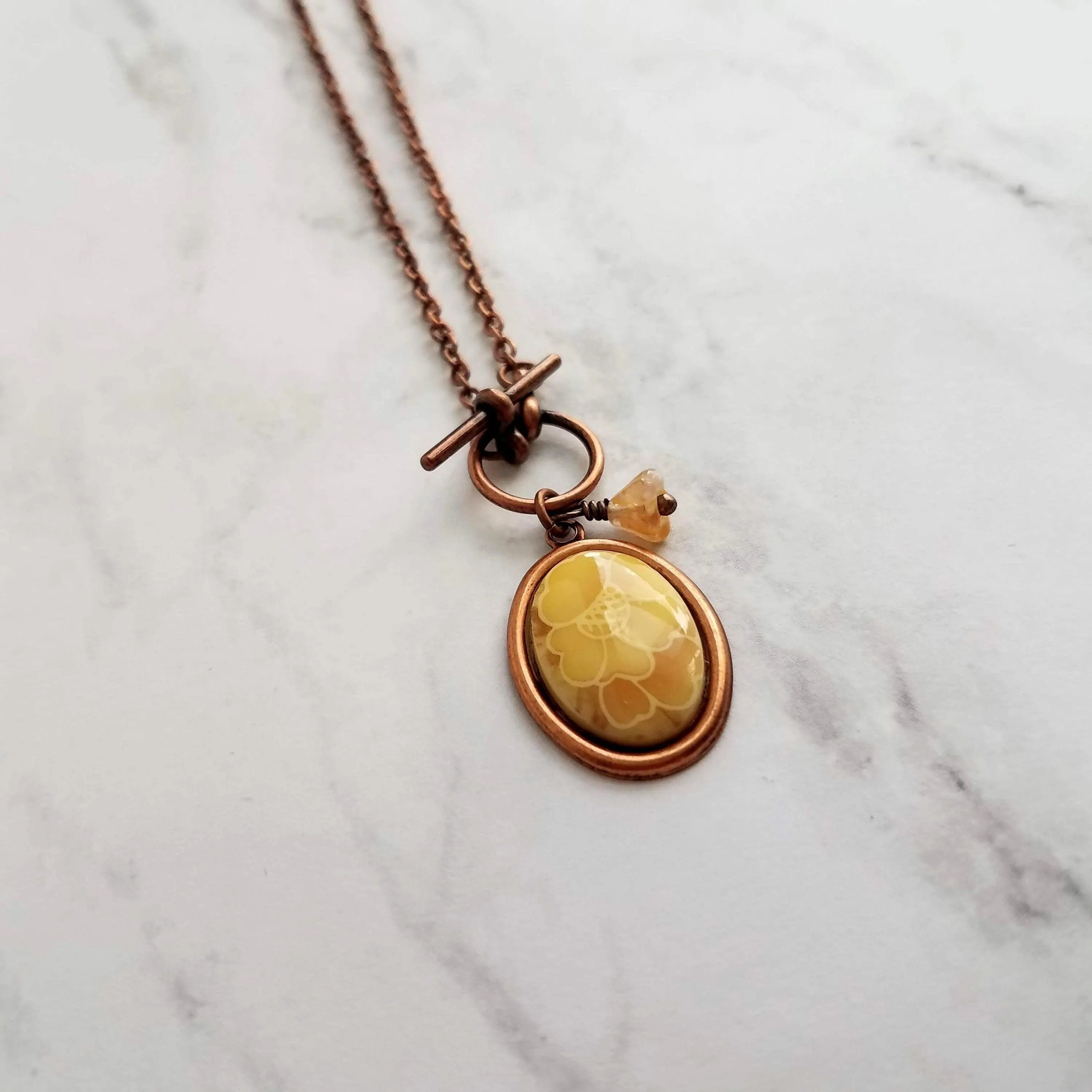 Copper Necklace - front clasp necklace, cameo necklace, toggle clasp necklace, copper pendant, floral cameo necklace, copper flower, antique
