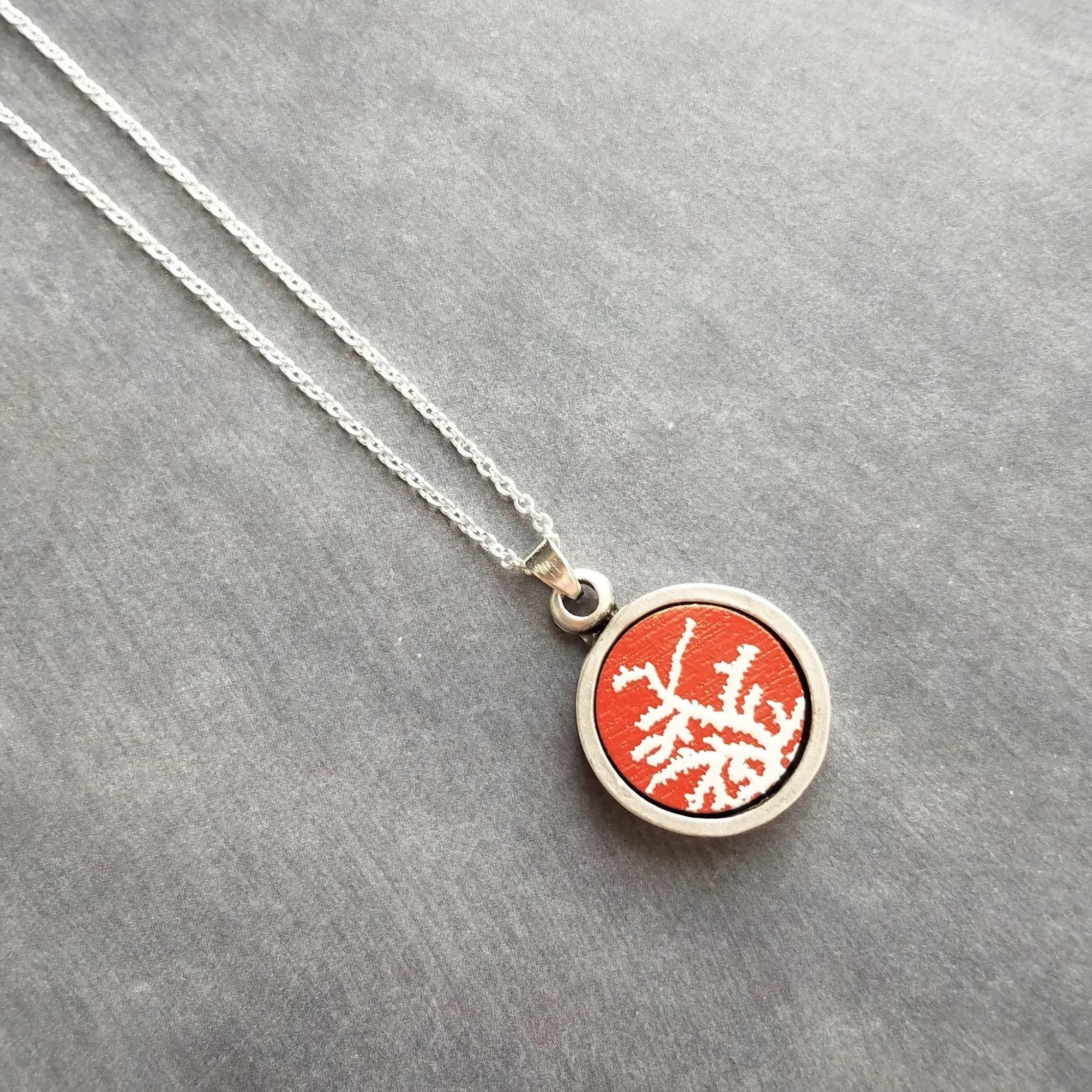 Coral Necklace, red white coral necklace, coral pendant, silver coral necklace, silver chain, round pendant necklace, red pendant, antique