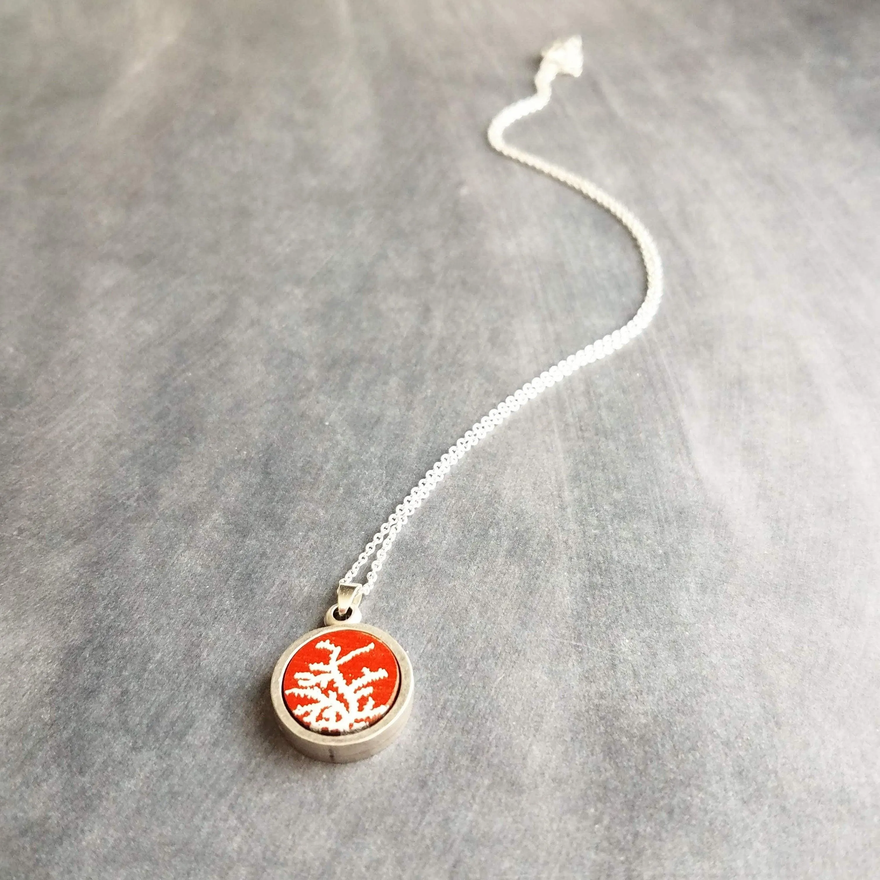 Coral Necklace, red white coral necklace, coral pendant, silver coral necklace, silver chain, round pendant necklace, red pendant, antique