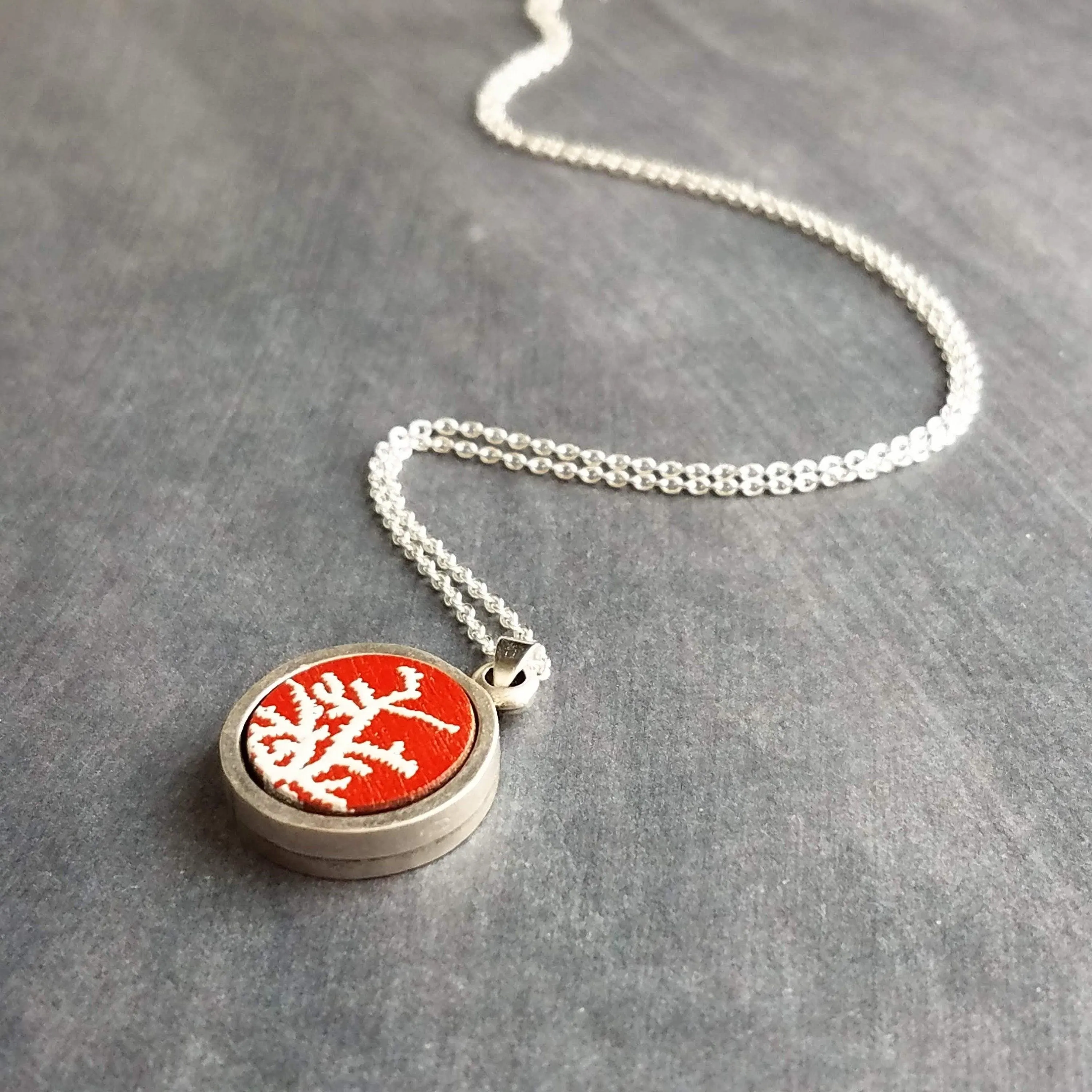 Coral Necklace, red white coral necklace, coral pendant, silver coral necklace, silver chain, round pendant necklace, red pendant, antique