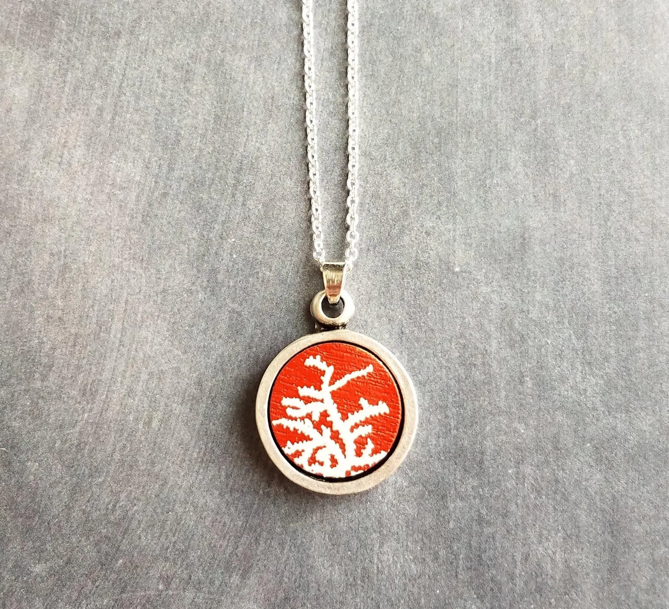 Coral Necklace, red white coral necklace, coral pendant, silver coral necklace, silver chain, round pendant necklace, red pendant, antique