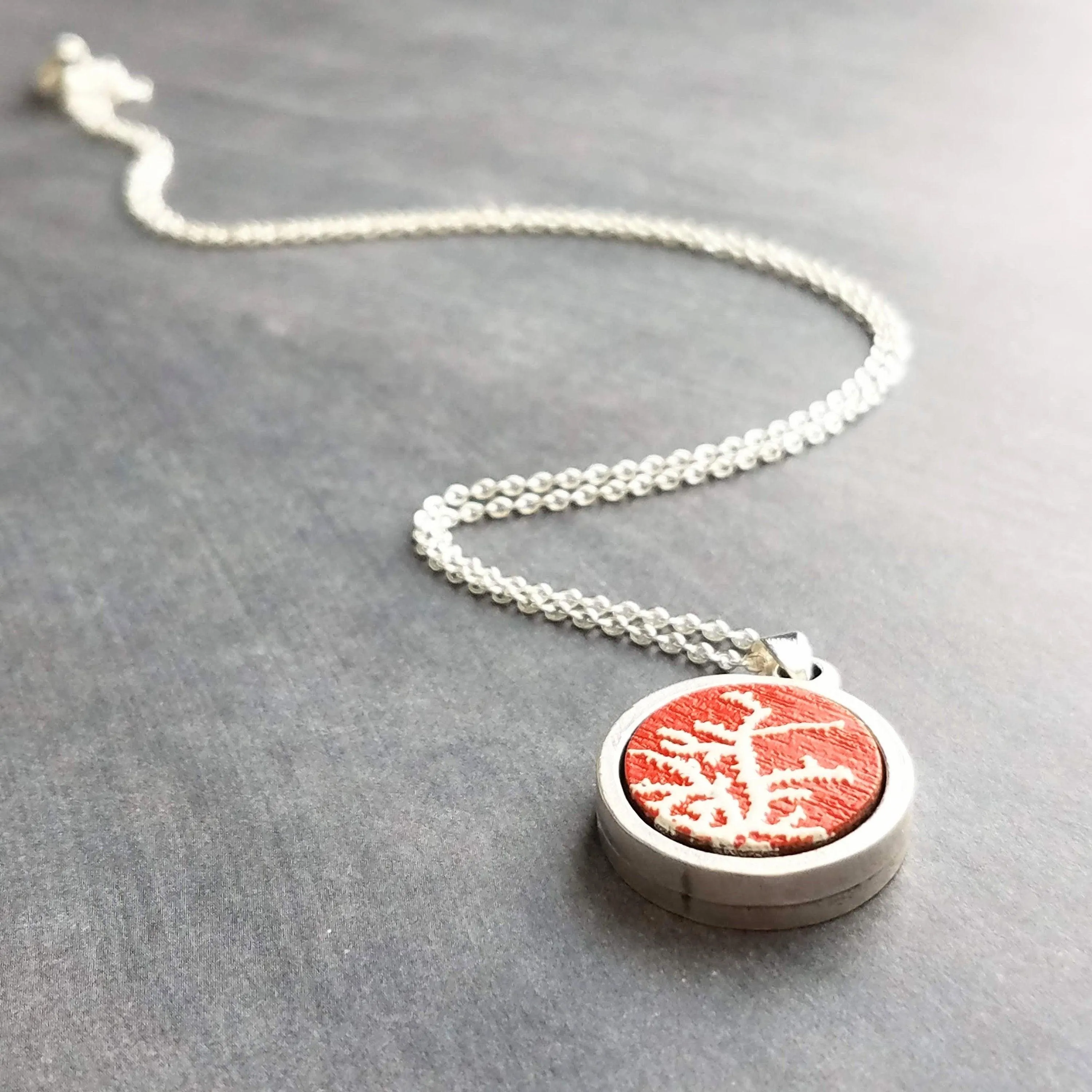 Coral Necklace, red white coral necklace, coral pendant, silver coral necklace, silver chain, round pendant necklace, red pendant, antique