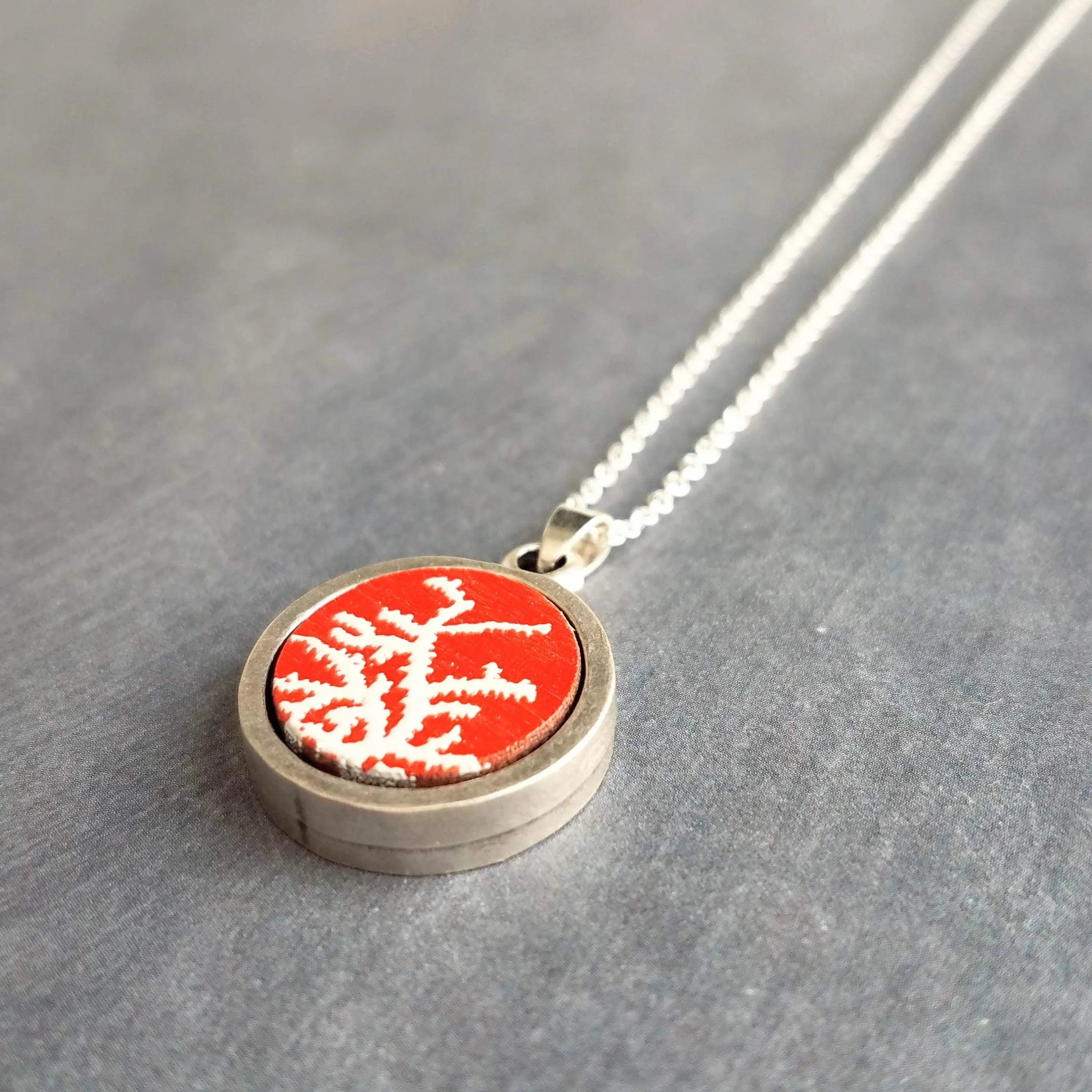 Coral Necklace, red white coral necklace, coral pendant, silver coral necklace, silver chain, round pendant necklace, red pendant, antique