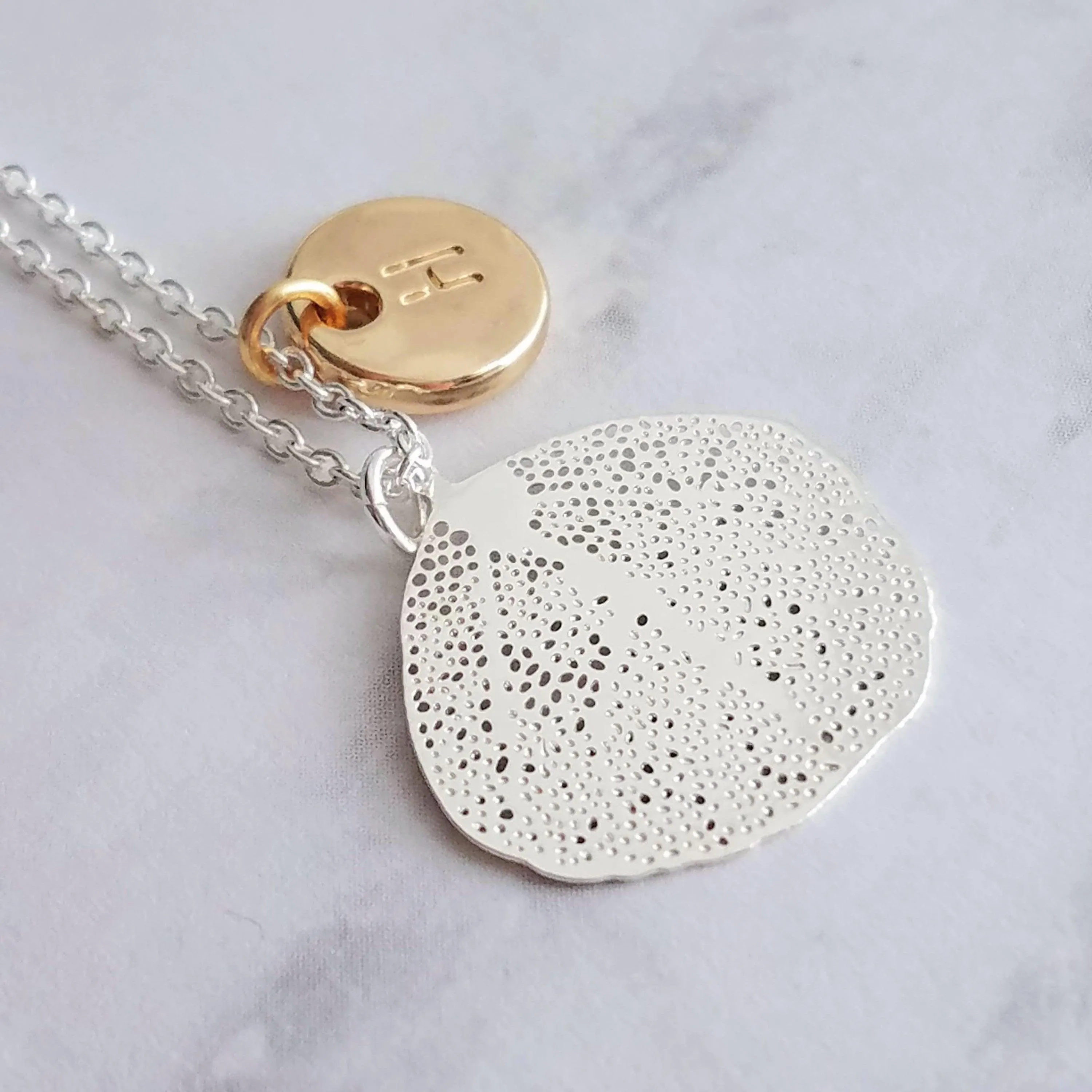 Coral Necklace, silver coral jewelry, mixed metal necklace, sea fan necklace, silver filigree necklace, gold letter disk, personalized charm