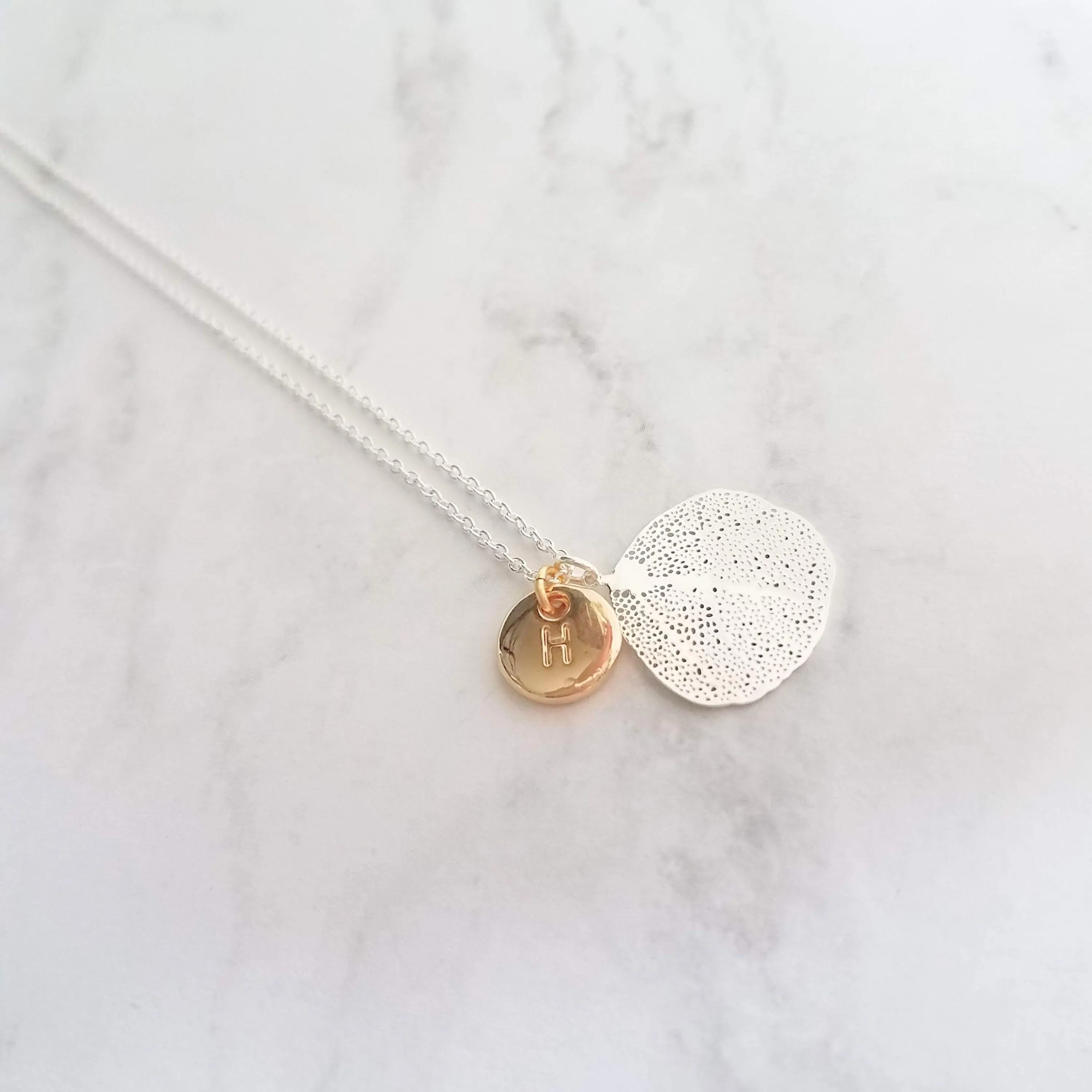 Coral Necklace, silver coral jewelry, mixed metal necklace, sea fan necklace, silver filigree necklace, gold letter disk, personalized charm