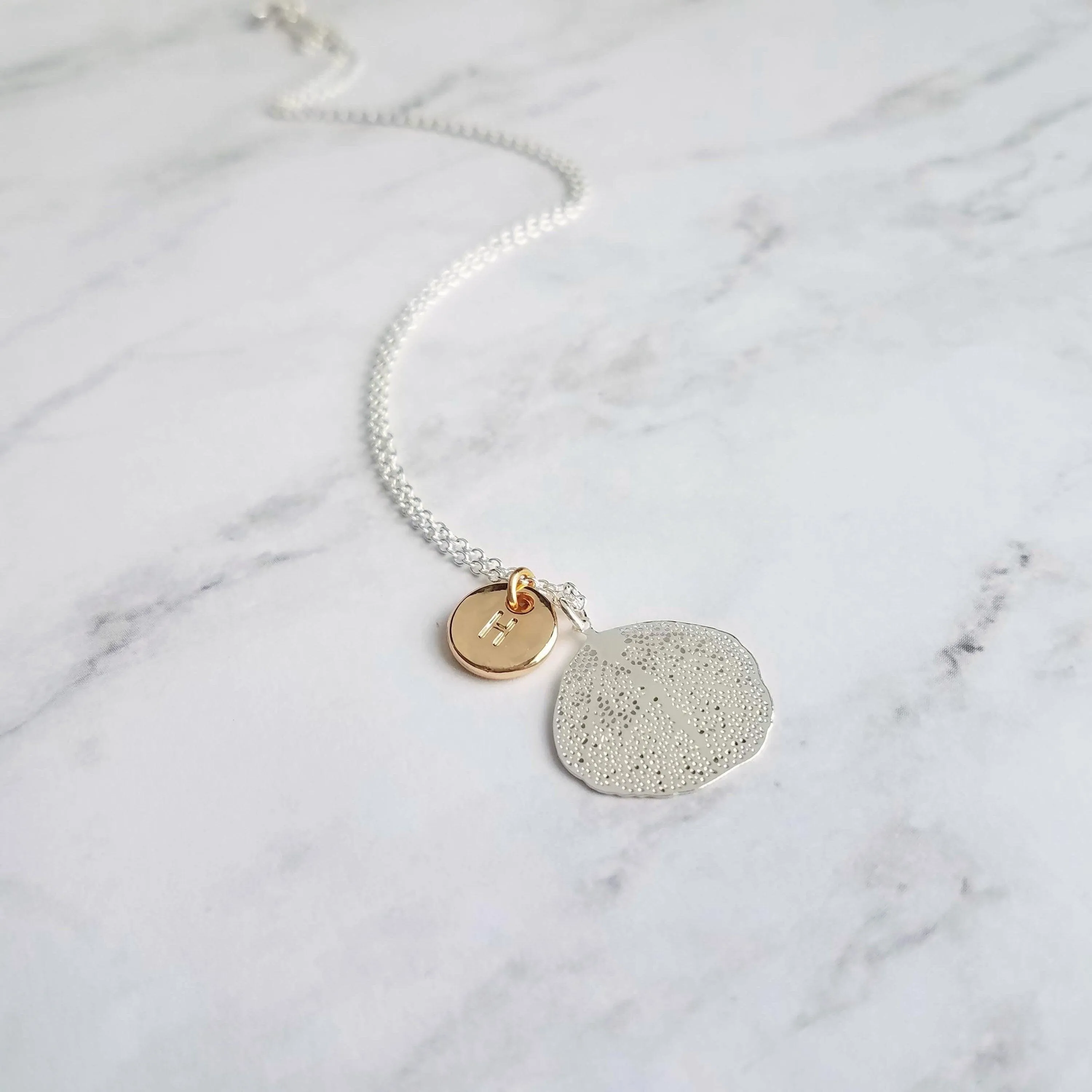 Coral Necklace, silver coral jewelry, mixed metal necklace, sea fan necklace, silver filigree necklace, gold letter disk, personalized charm