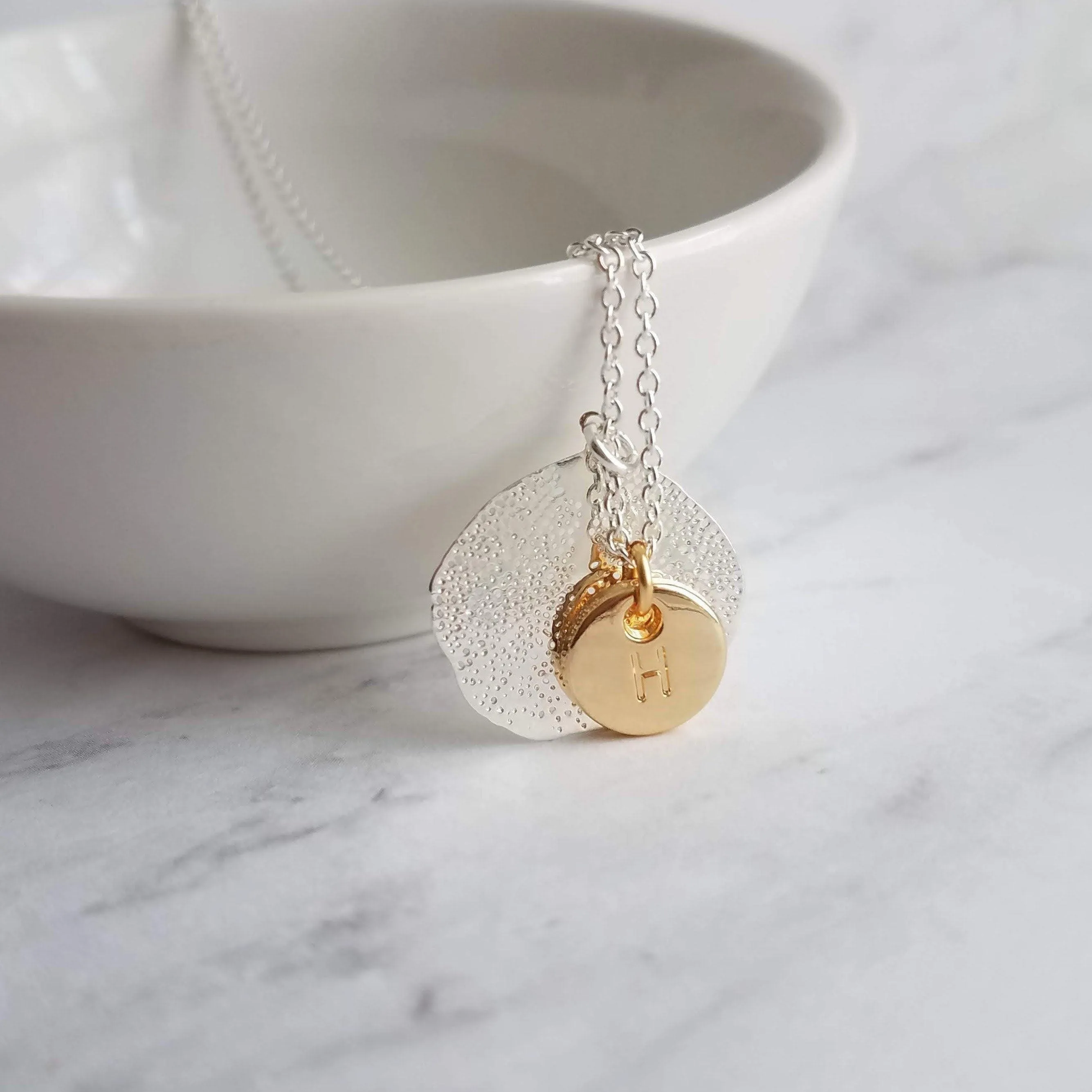 Coral Necklace, silver coral jewelry, mixed metal necklace, sea fan necklace, silver filigree necklace, gold letter disk, personalized charm