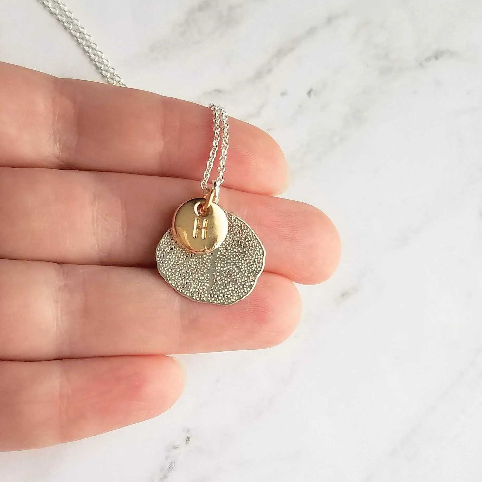 Coral Necklace, silver coral jewelry, mixed metal necklace, sea fan necklace, silver filigree necklace, gold letter disk, personalized charm