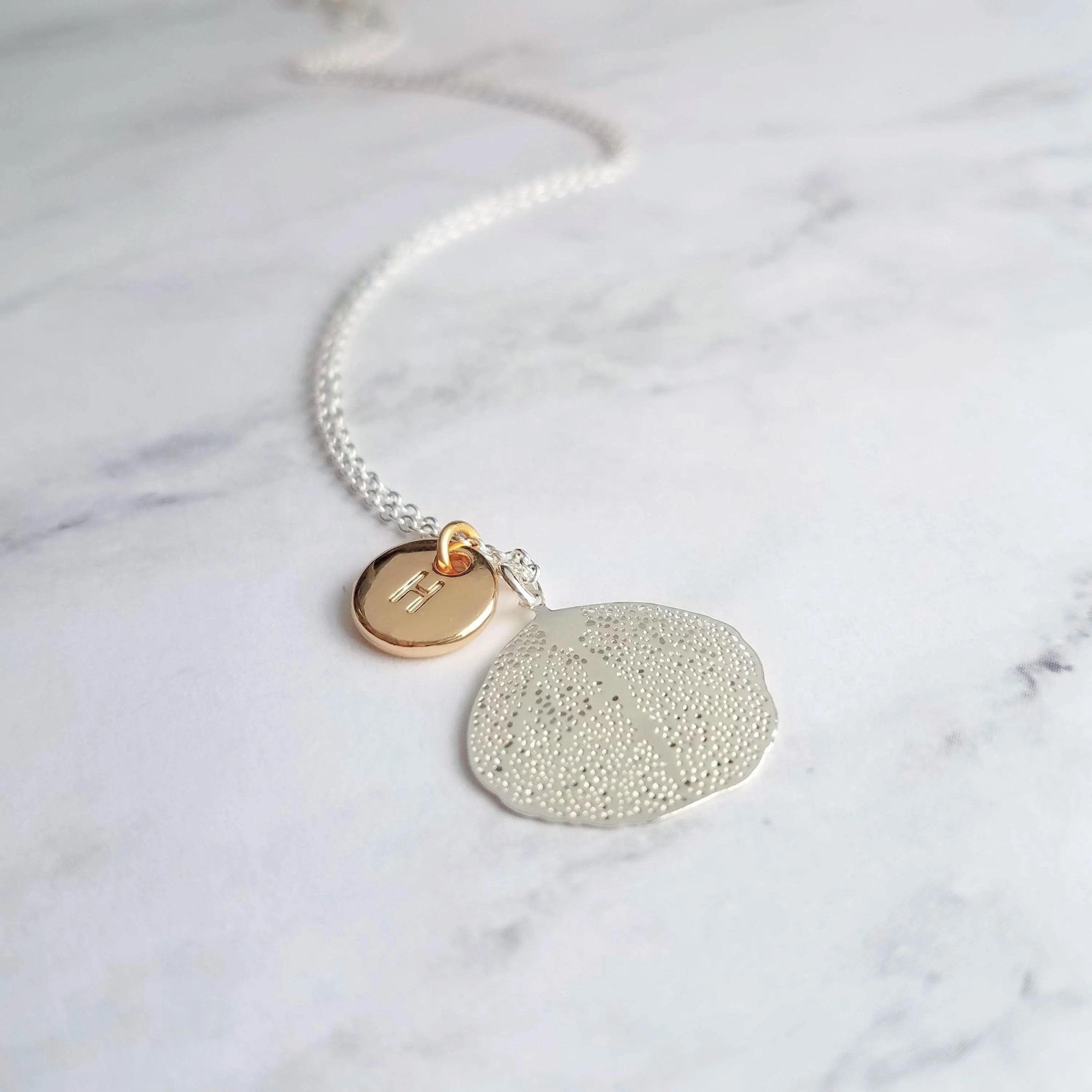 Coral Necklace, silver coral jewelry, mixed metal necklace, sea fan necklace, silver filigree necklace, gold letter disk, personalized charm