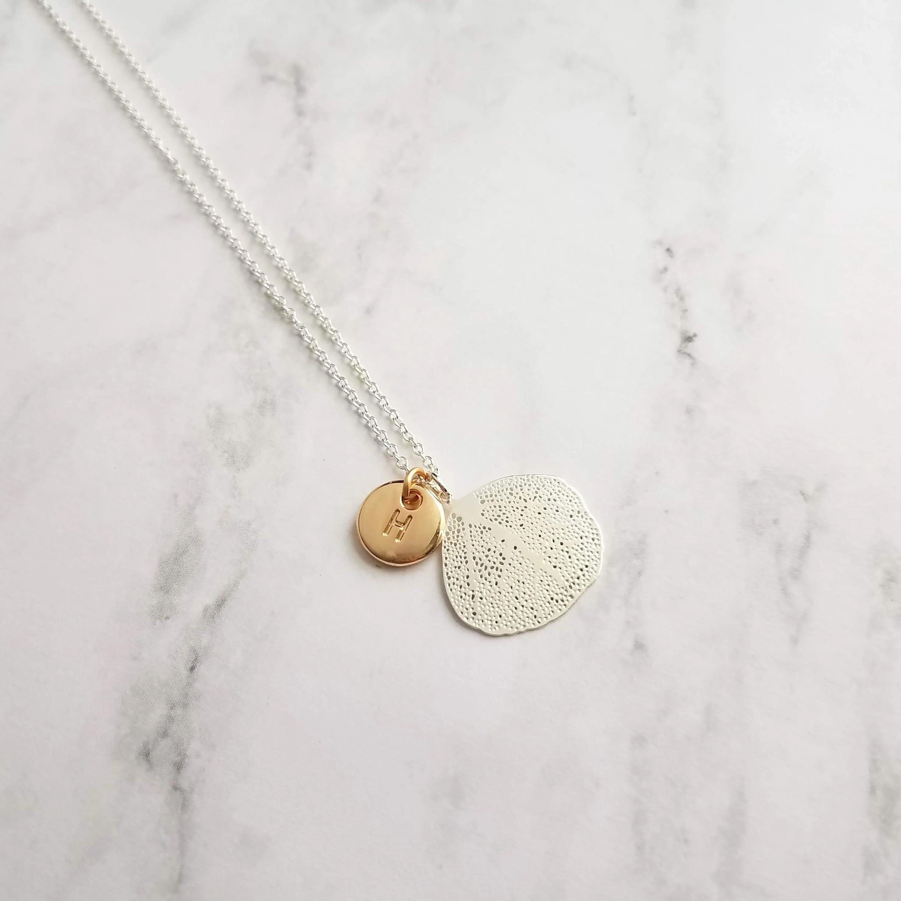 Coral Necklace, silver coral jewelry, mixed metal necklace, sea fan necklace, silver filigree necklace, gold letter disk, personalized charm
