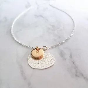 Coral Necklace, silver coral jewelry, mixed metal necklace, sea fan necklace, silver filigree necklace, gold letter disk, personalized charm