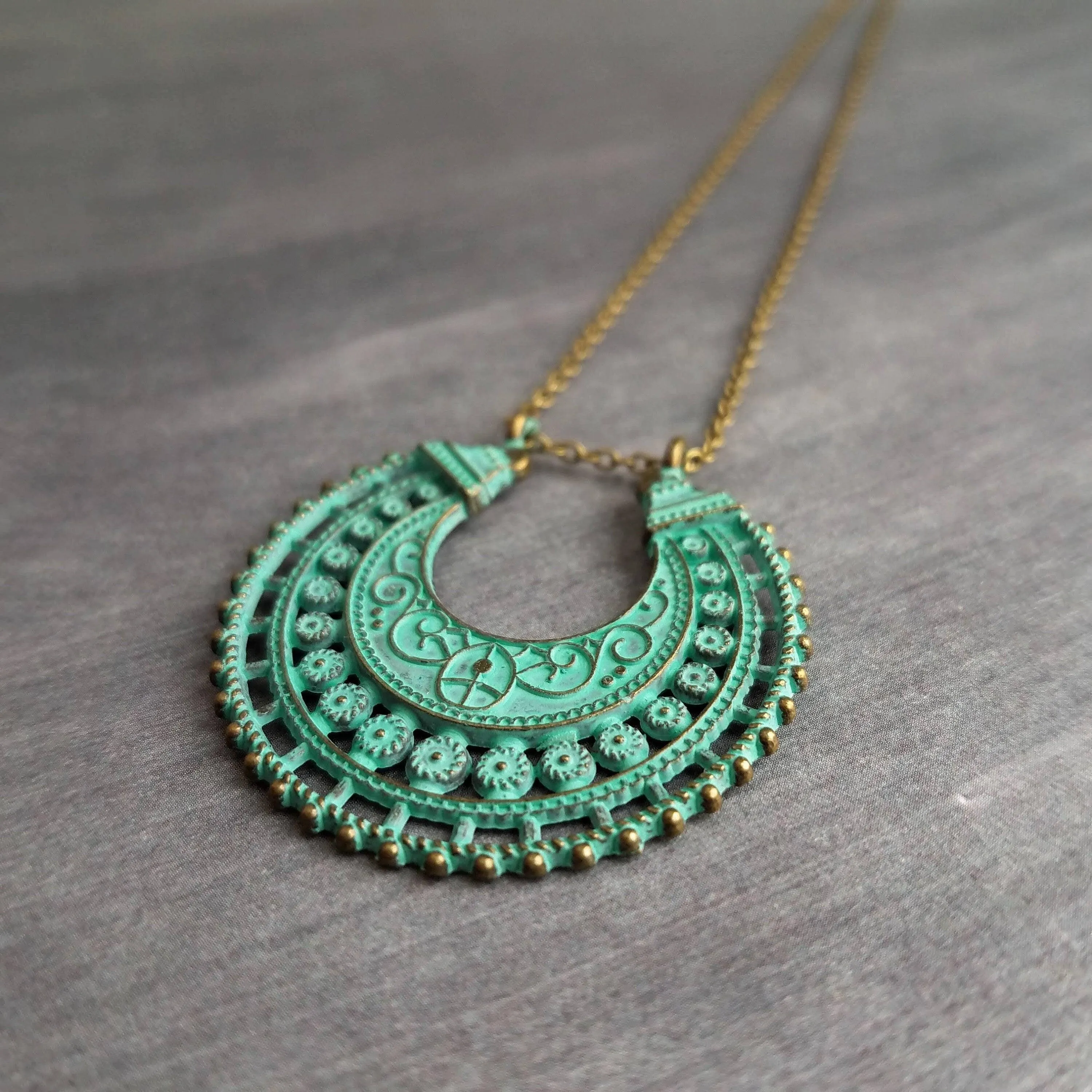 Crescent Moon Necklace, verdigris patina necklace, semicircle pendant, bronze necklace, medallion pendant, filigree pendant necklace, green