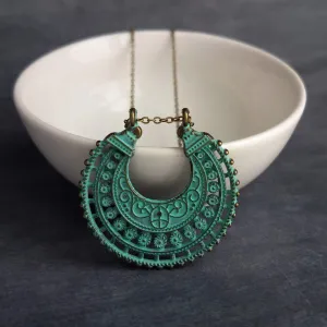 Crescent Moon Necklace, verdigris patina necklace, semicircle pendant, bronze necklace, medallion pendant, filigree pendant necklace, green