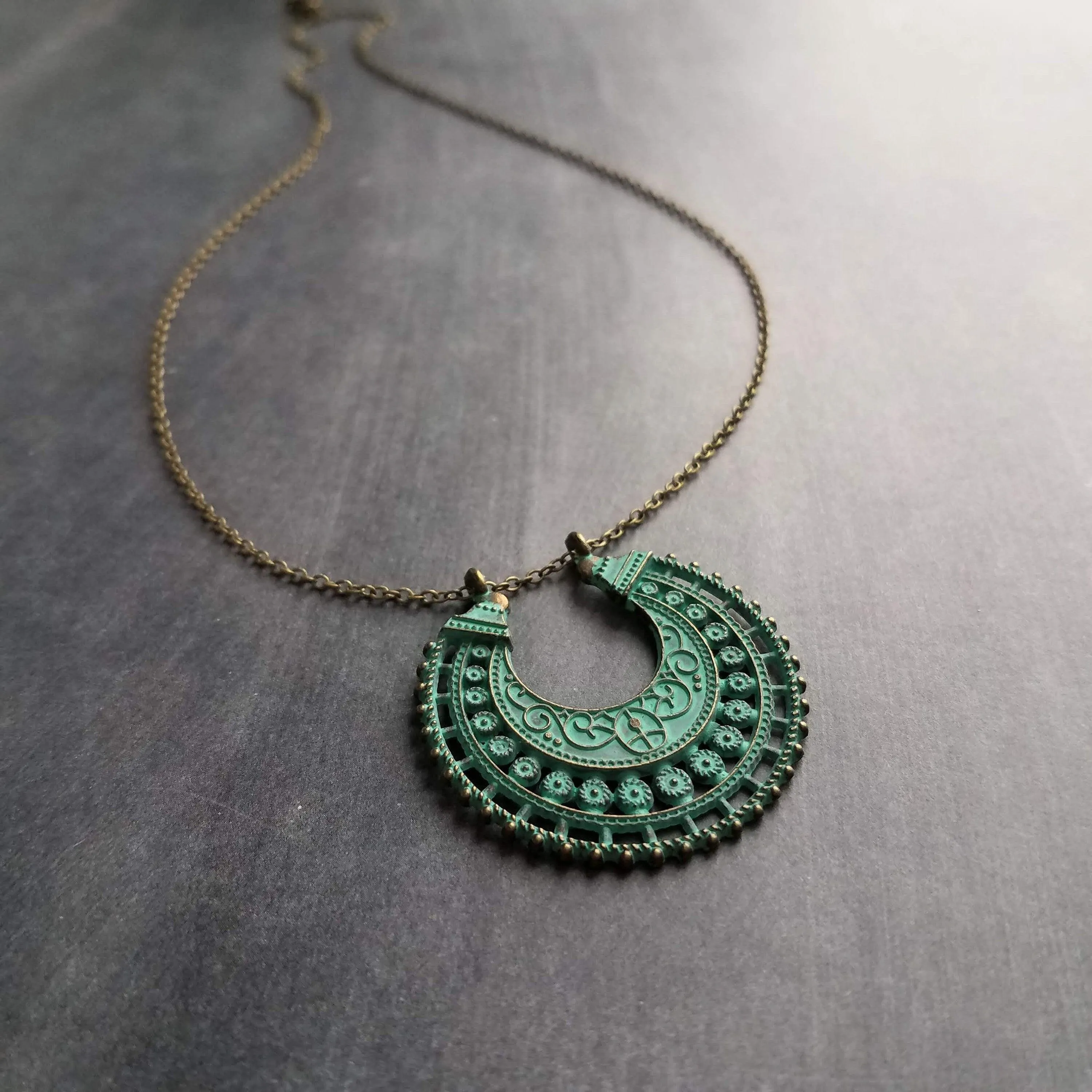 Crescent Moon Necklace, verdigris patina necklace, semicircle pendant, bronze necklace, medallion pendant, filigree pendant necklace, green
