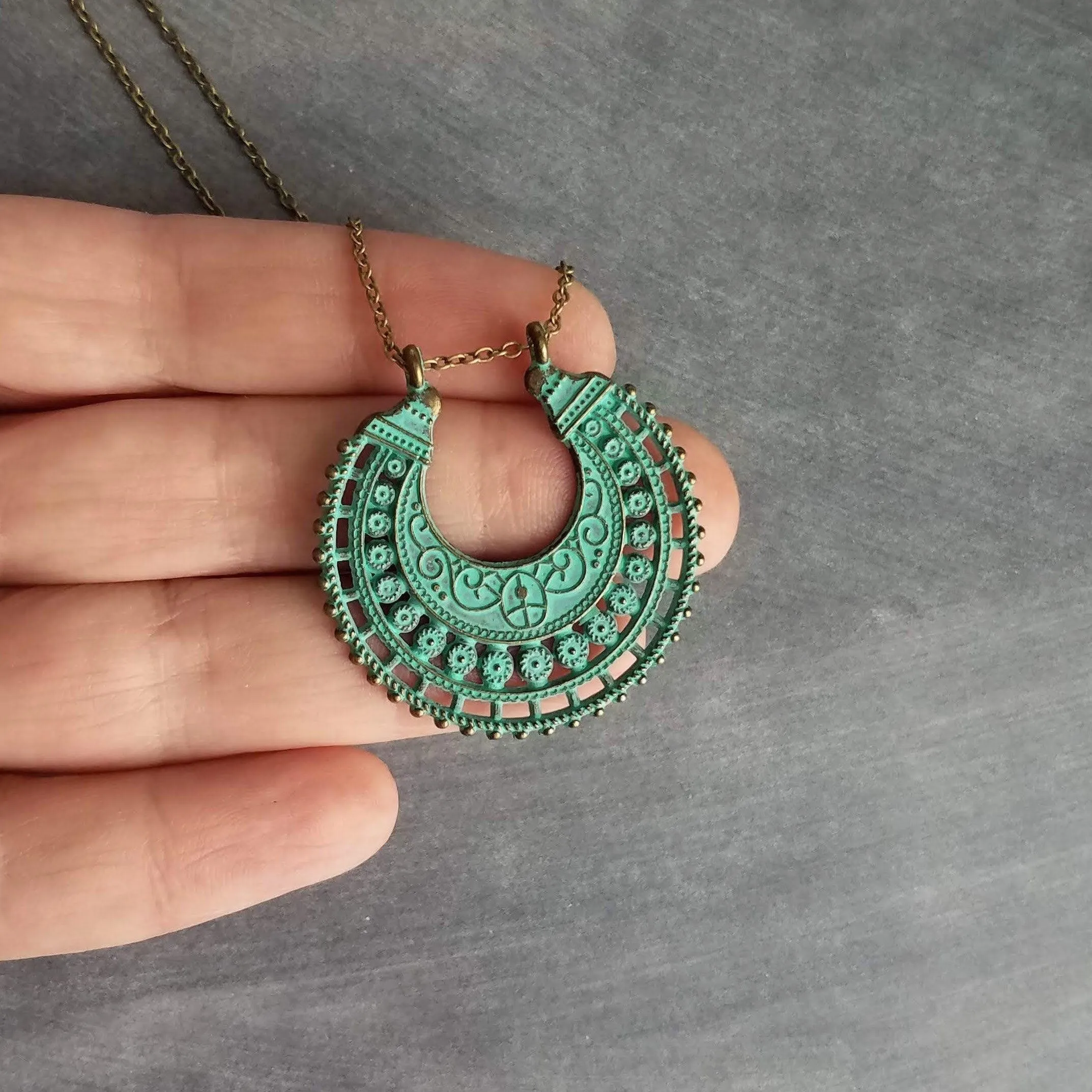Crescent Moon Necklace, verdigris patina necklace, semicircle pendant, bronze necklace, medallion pendant, filigree pendant necklace, green