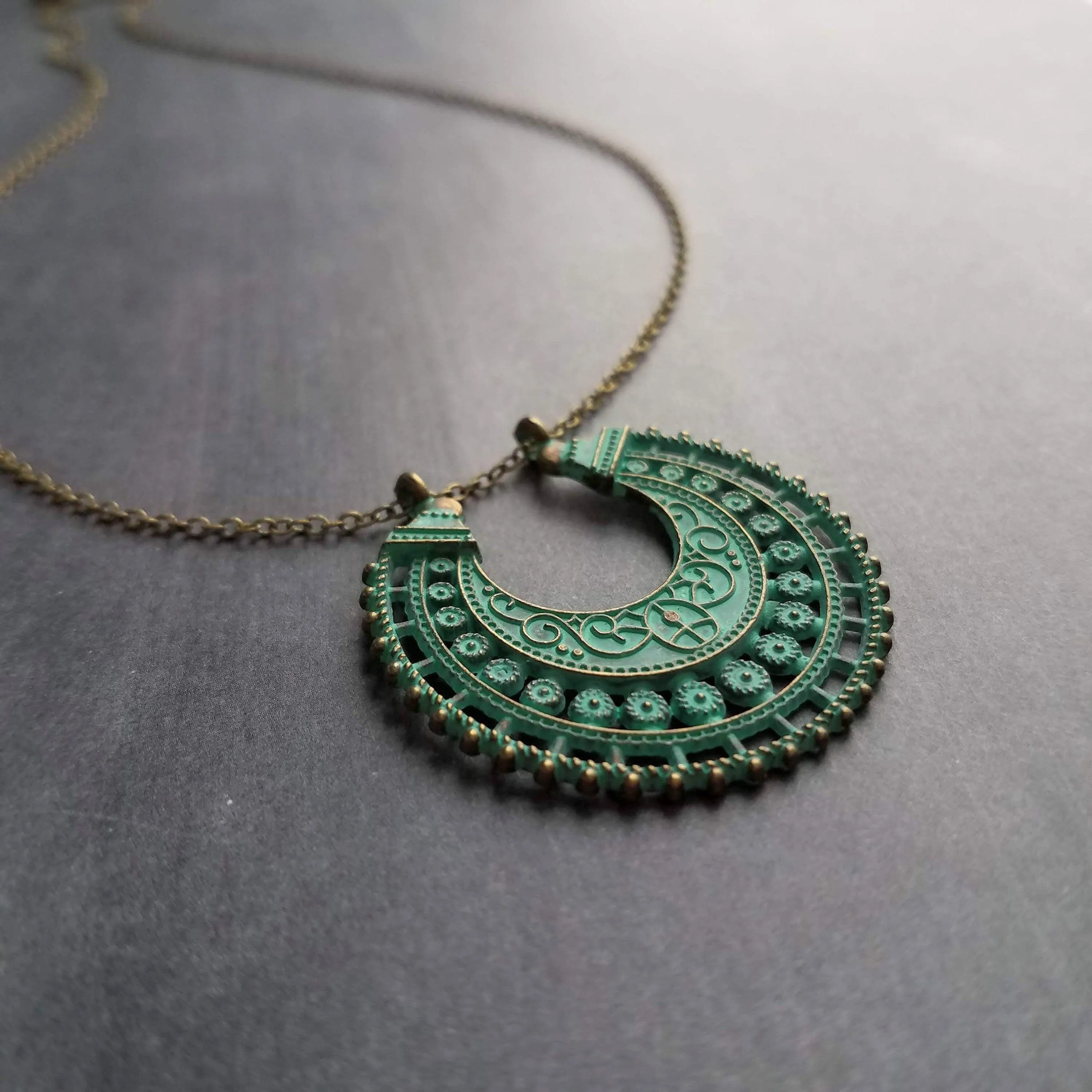 Crescent Moon Necklace, verdigris patina necklace, semicircle pendant, bronze necklace, medallion pendant, filigree pendant necklace, green